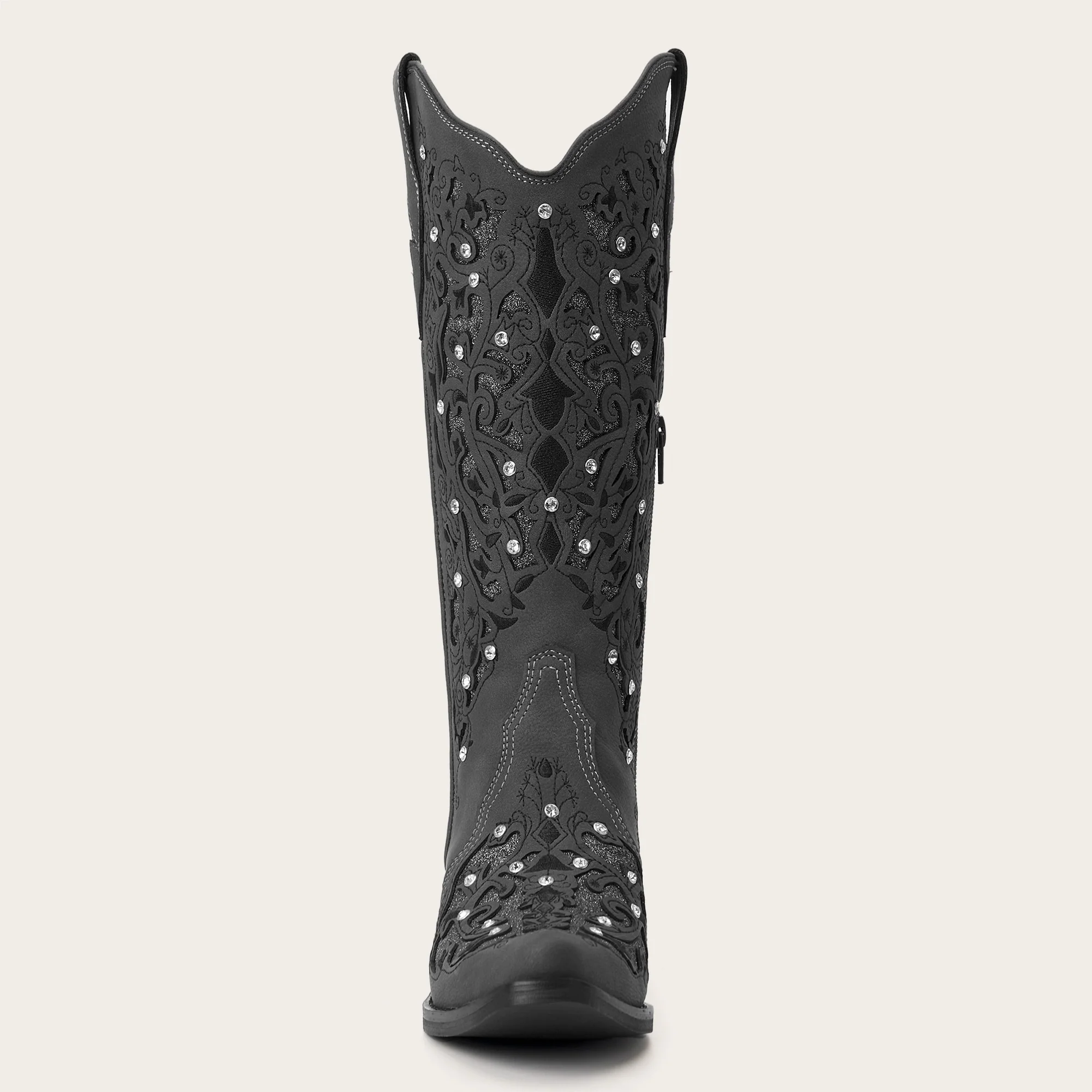 The Ballou - Charcoal Embroidered Cowgirl Boots with Rhinestone and Cutouts - Image 11