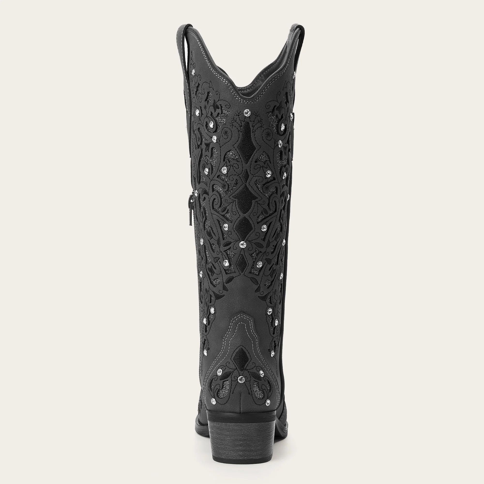 The Ballou - Charcoal Embroidered Cowgirl Boots with Rhinestone and Cutouts - Image 12