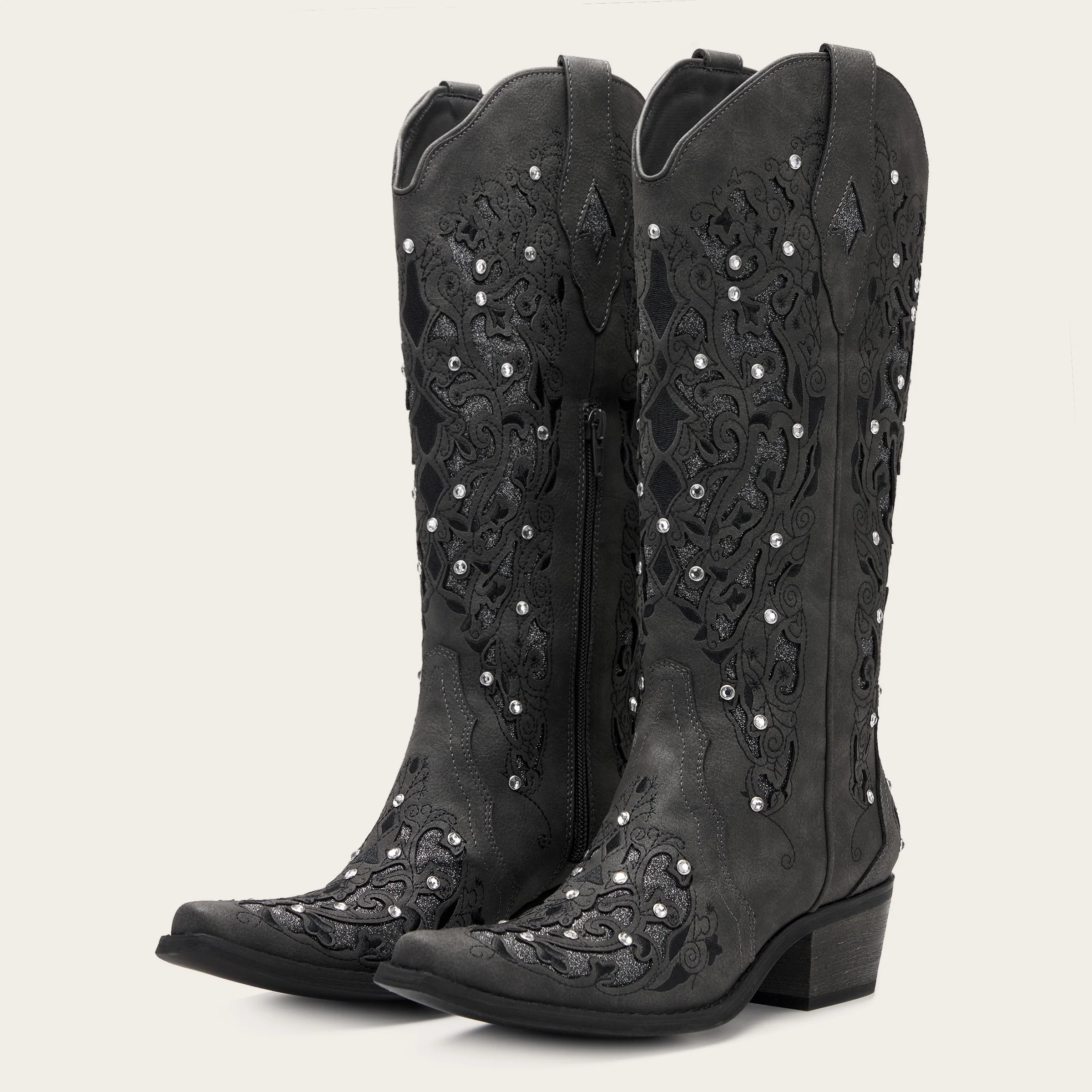 The Ballou - Charcoal Embroidered Cowgirl Boots with Rhinestone and Cutouts - Image 4