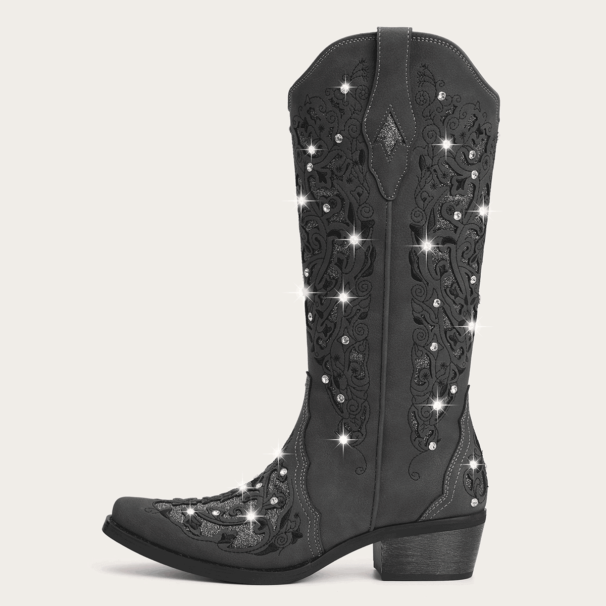 The Ballou - Charcoal Embroidered Cowgirl Boots with Rhinestone and Cutouts - Image 5