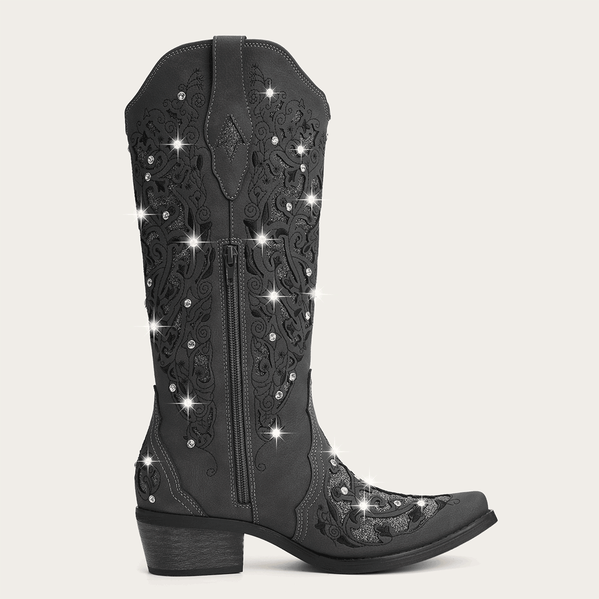 The Ballou - Charcoal Embroidered Cowgirl Boots with Rhinestone and Cutouts - Image 8