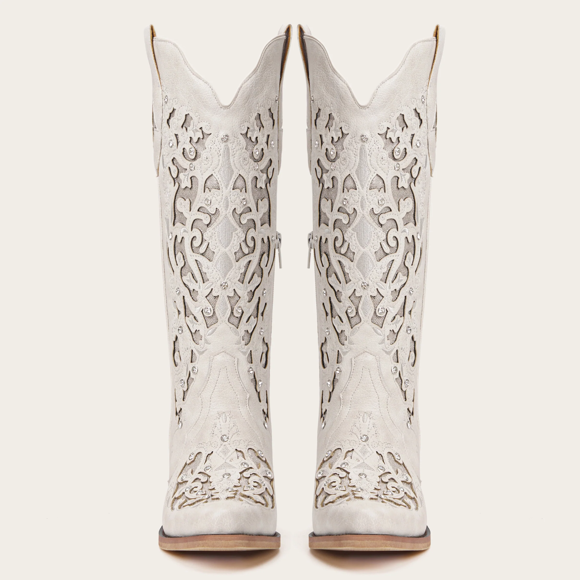 The Ballou - White Embroidered Cowgirl Boots with Rhinestone and Cutouts - Image 4