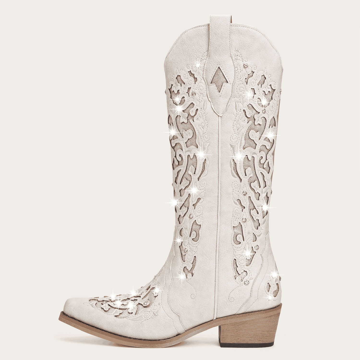 The Ballou - White Embroidered Cowgirl Boots with Rhinestone and Cutouts - Image 5