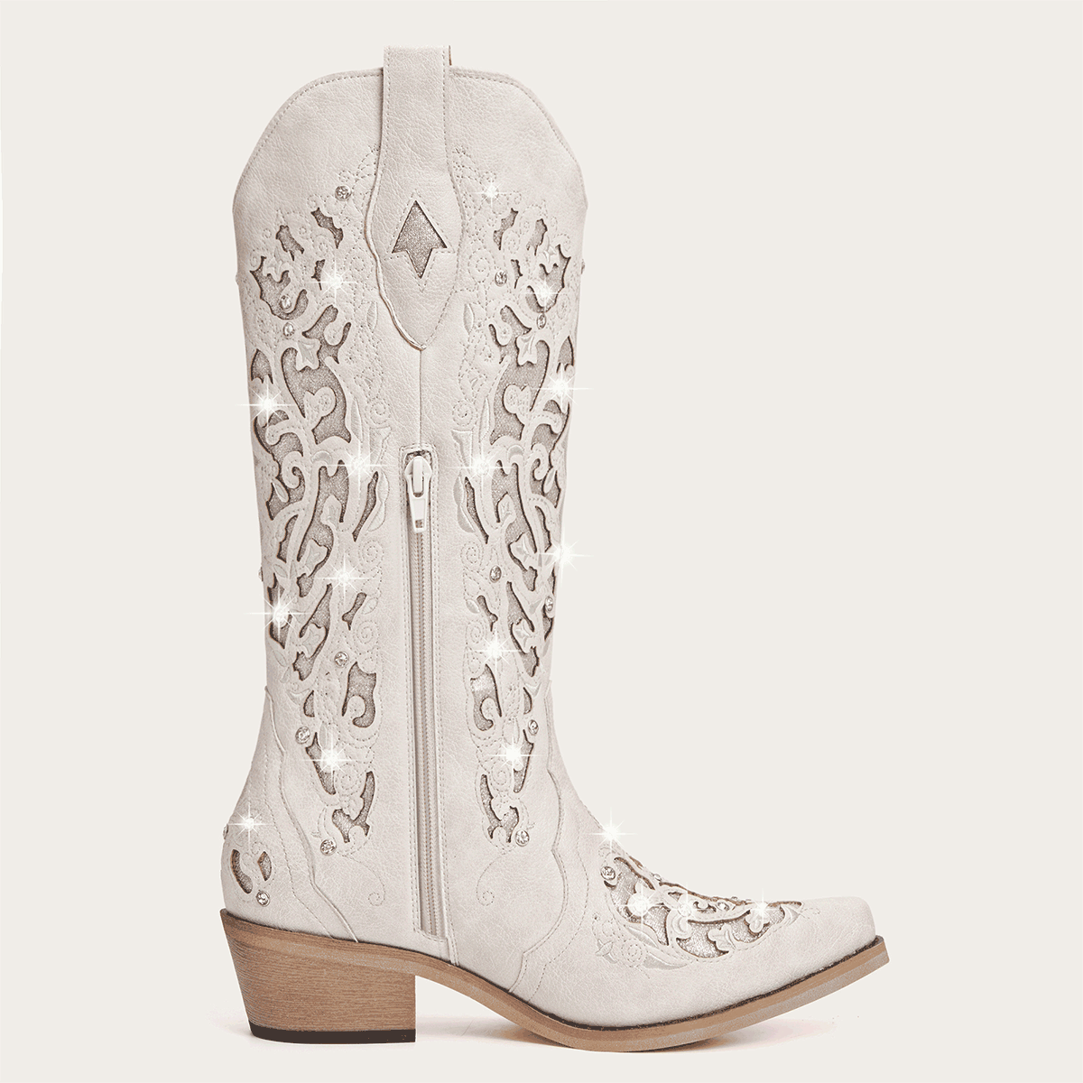 The Ballou - White Embroidered Cowgirl Boots with Rhinestone and Cutouts - Image 7