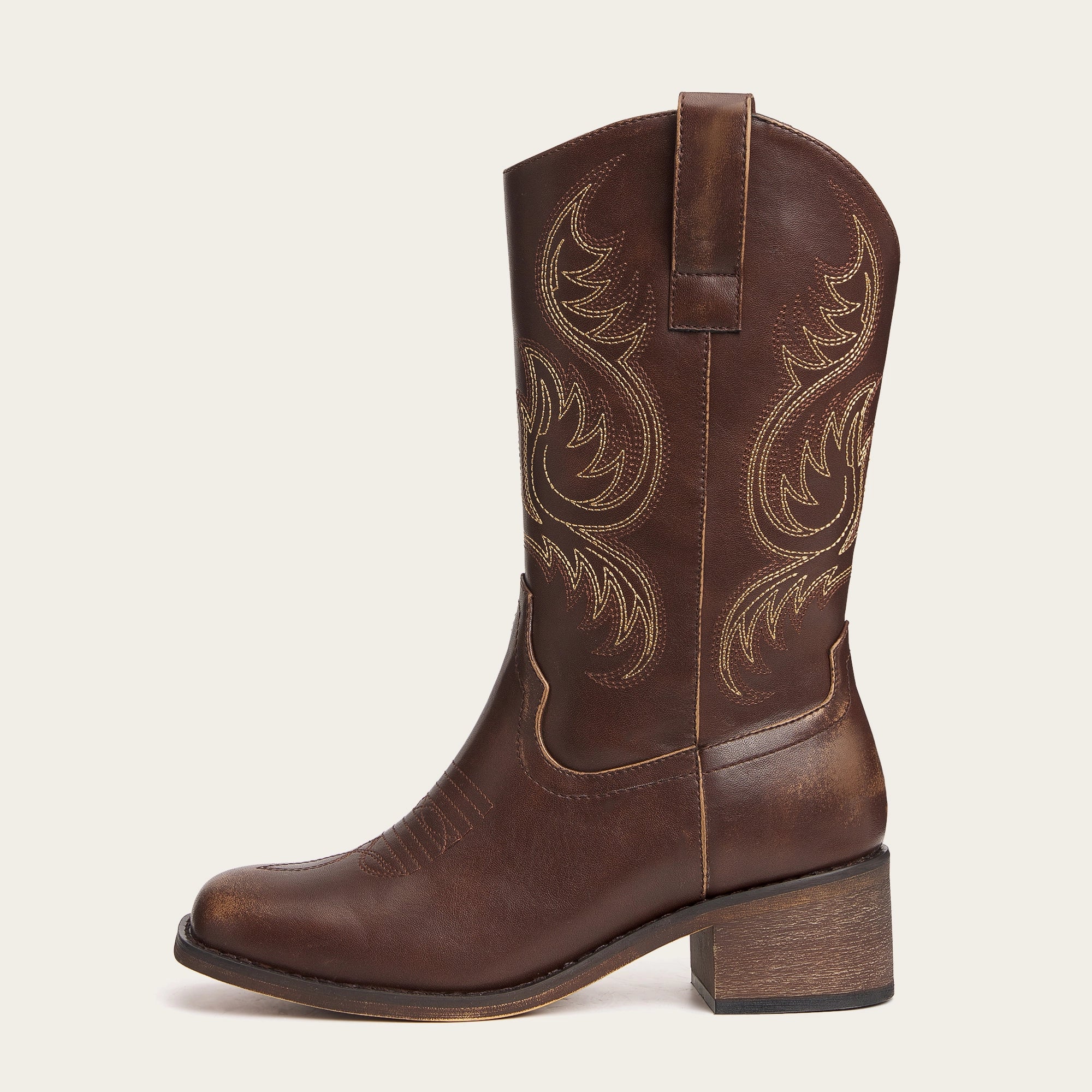 The Bronco - Brown Square Toe Embroidered Mid-calf Cowgirl Boots - Image 4