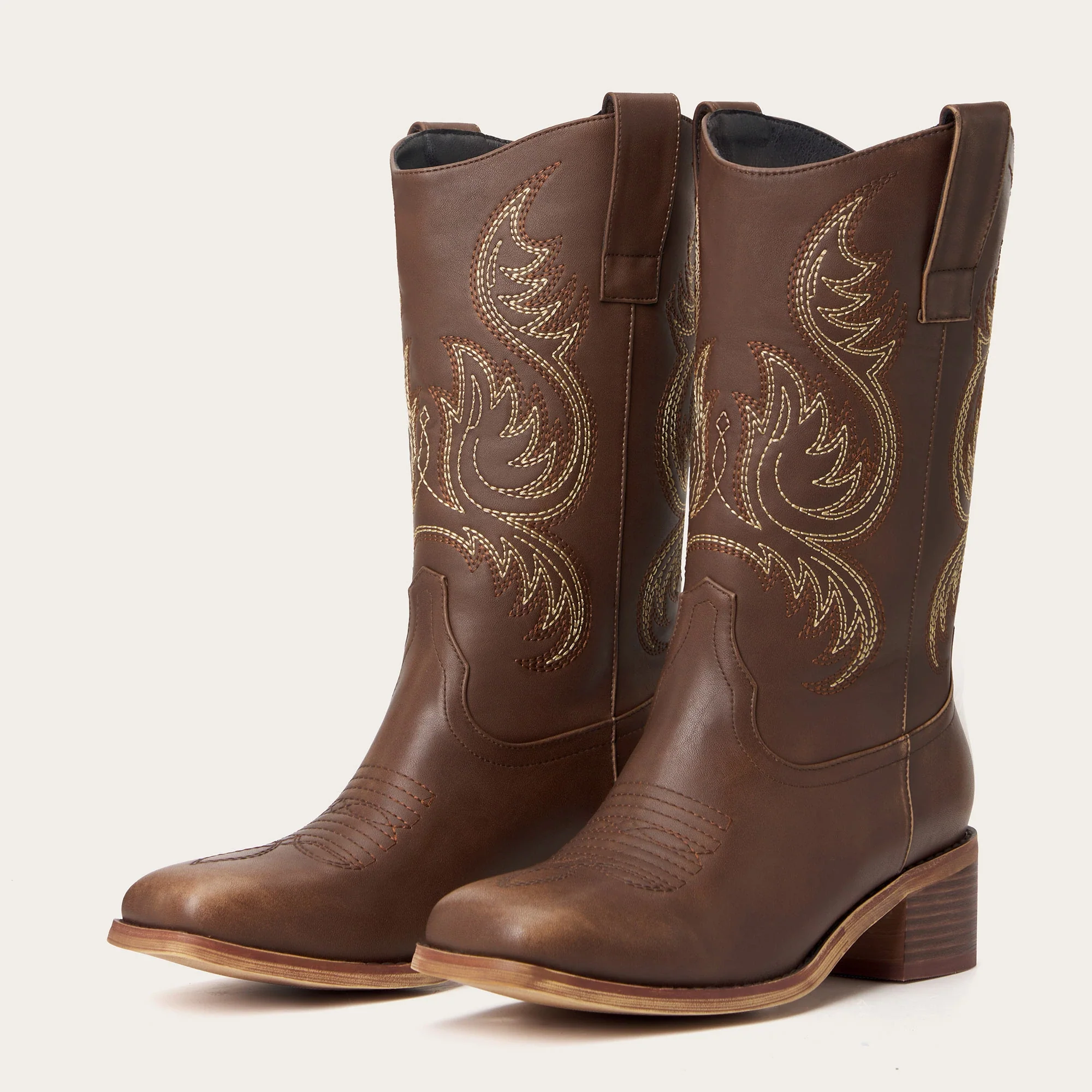 The Bronco - Brown Square Toe Embroidered Mid-calf Cowgirl Boots - Image 5