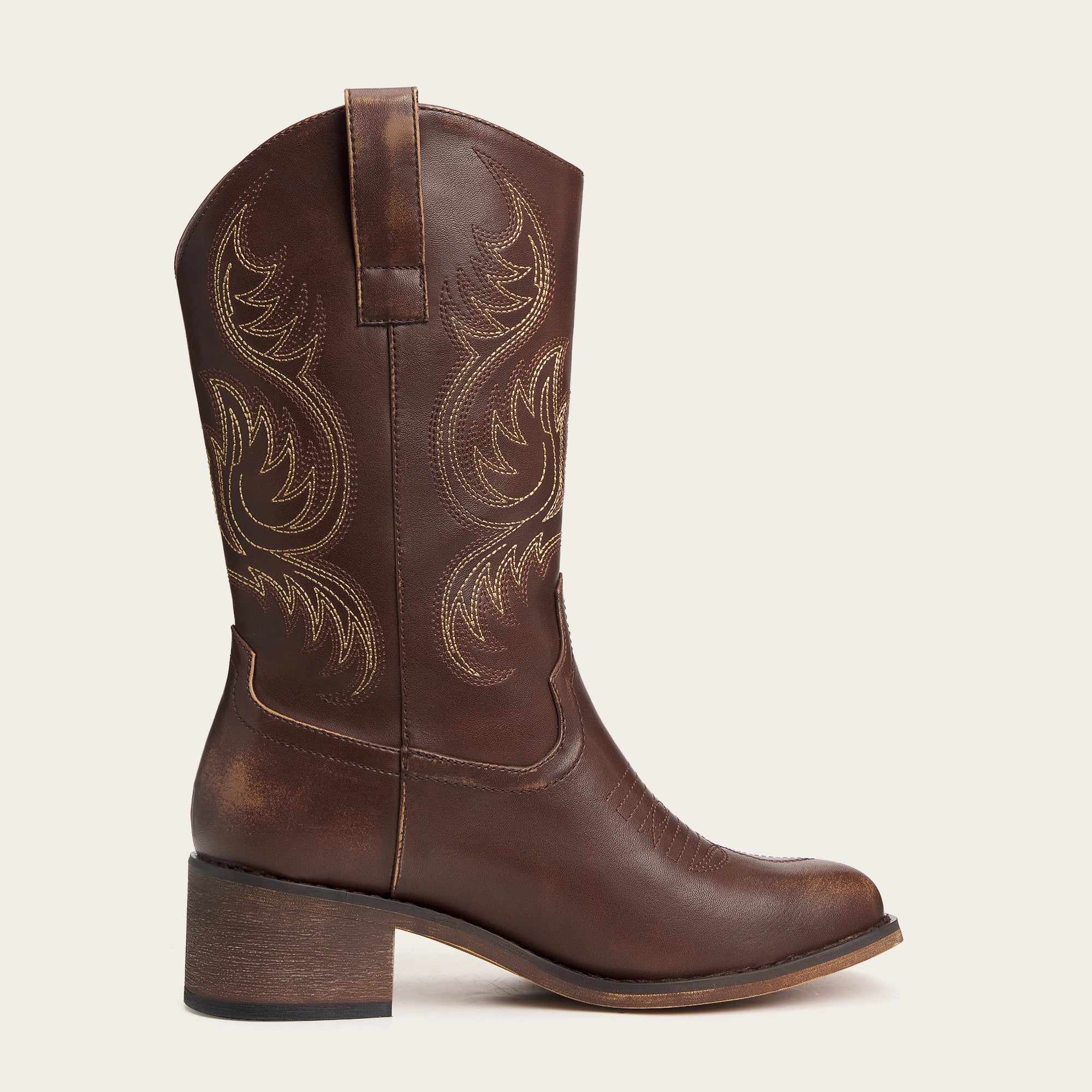 The Bronco - Brown Square Toe Embroidered Mid-calf Cowgirl Boots - Image 8