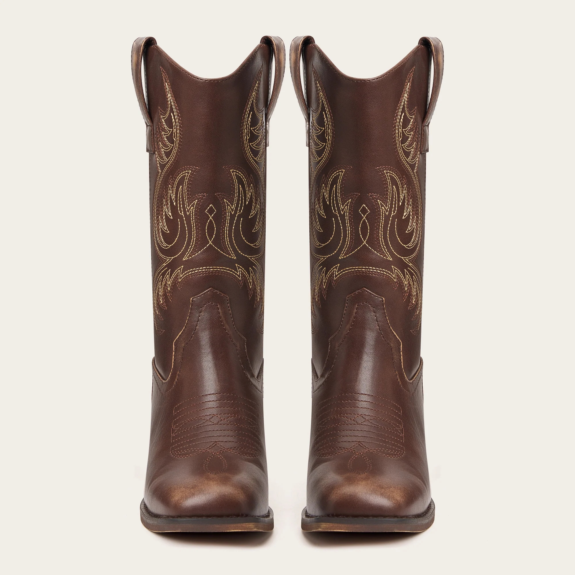 The Bronco - Brown Square Toe Embroidered Mid-calf Cowgirl Boots - Image 9