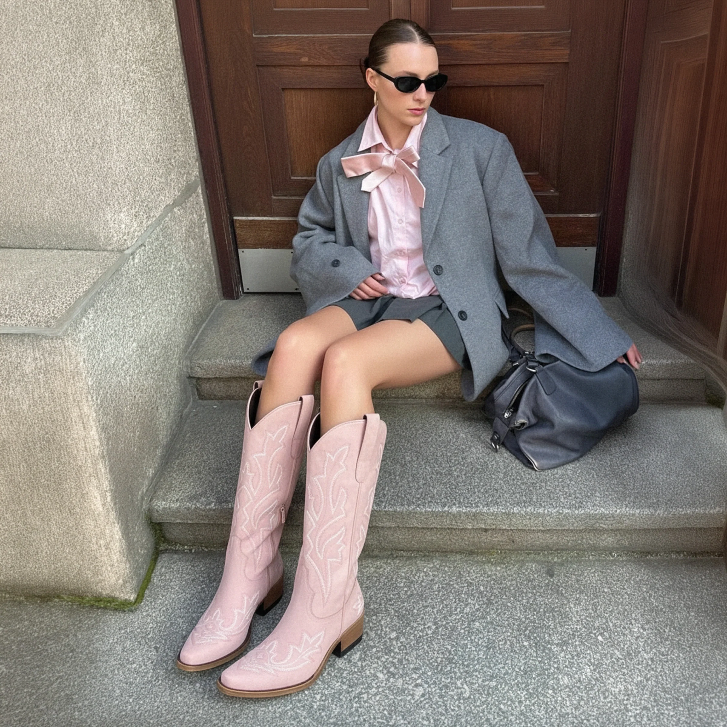 The Etta - Pink Short Tall Cowgirl Boots with Delicate Embroidery - Image 3