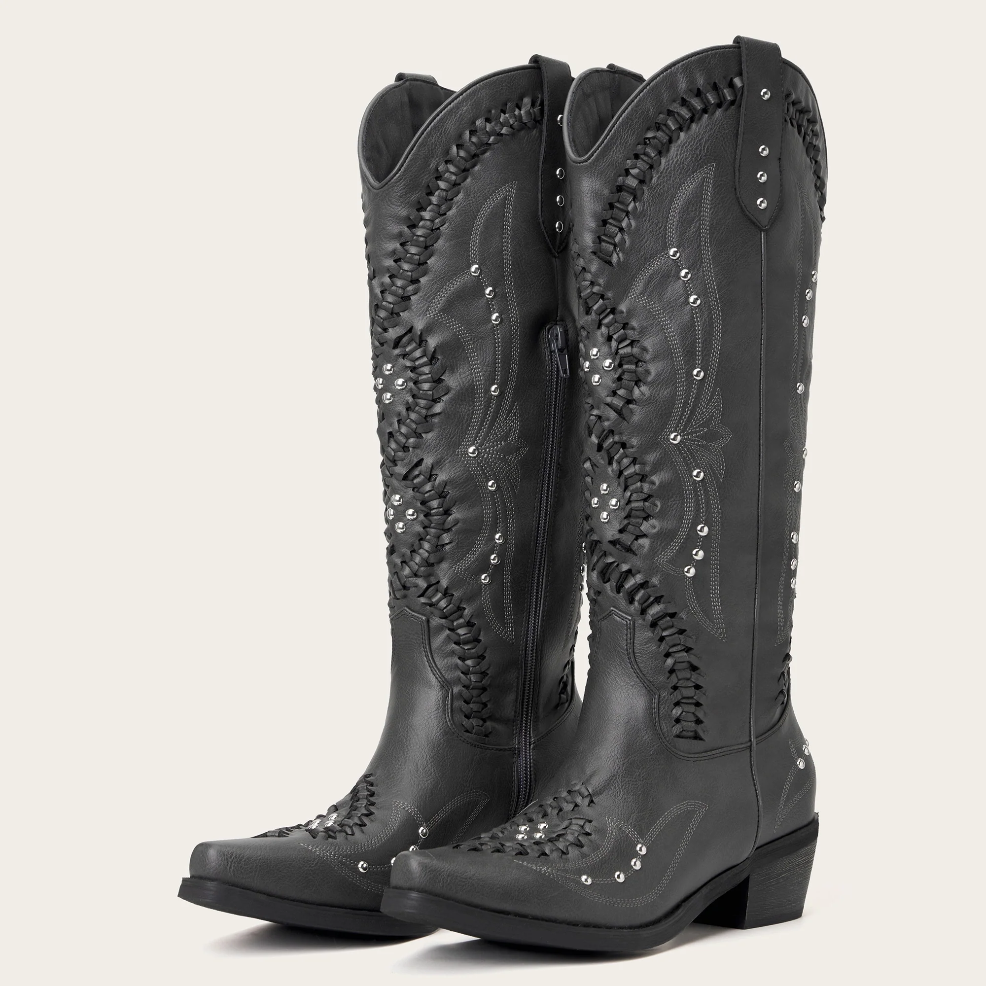 The Kitty - Black Snip Toe Rhinestone Cowgirl Boots with Cutout Woven - Image 4