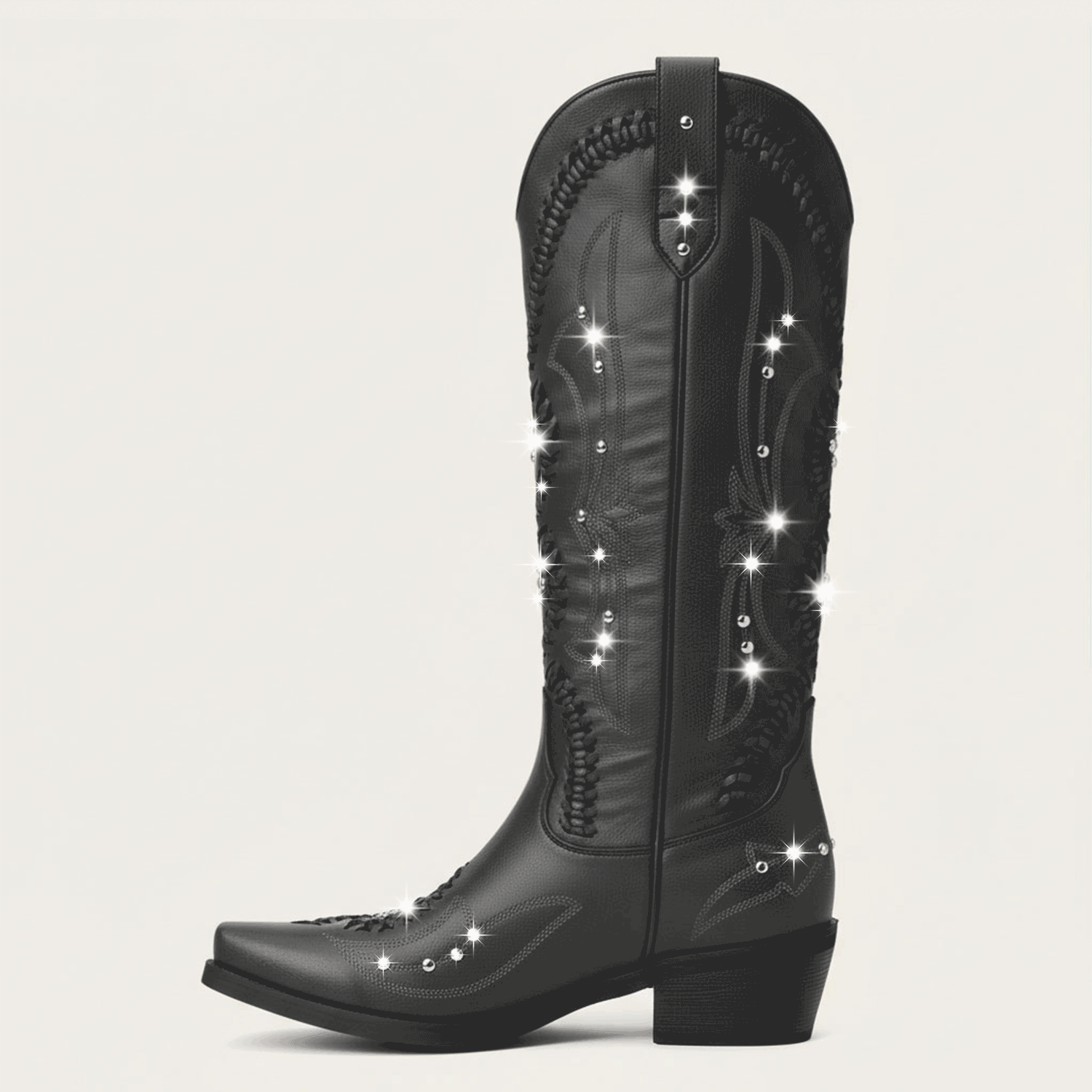 The Kitty - Black Snip Toe Rhinestone Cowgirl Boots with Cutout Woven - Image 5