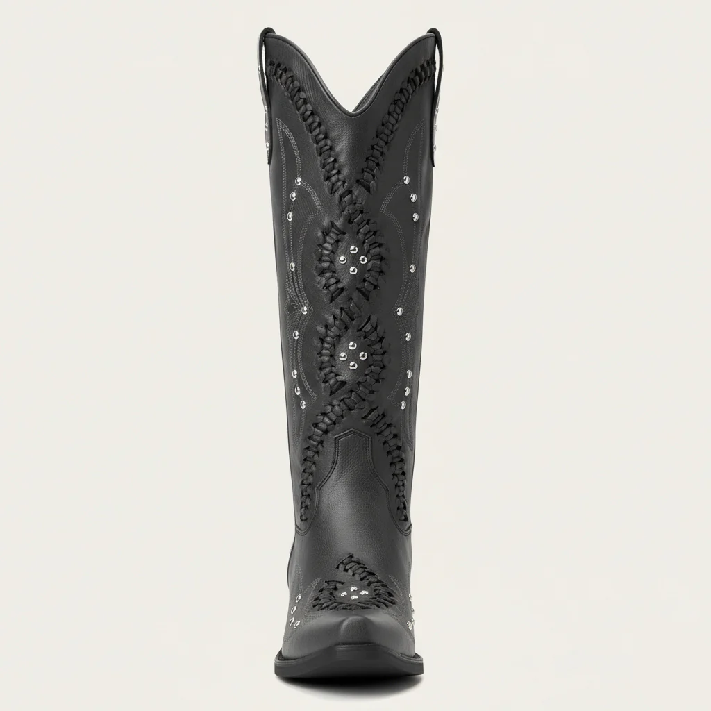 The Kitty - Black Snip Toe Rhinestone Cowgirl Boots with Cutout Woven - Image 7