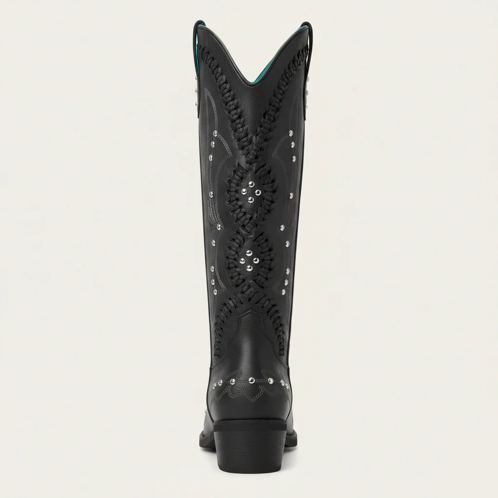 The Kitty - Black Snip Toe Rhinestone Cowgirl Boots with Cutout Woven - Image 8