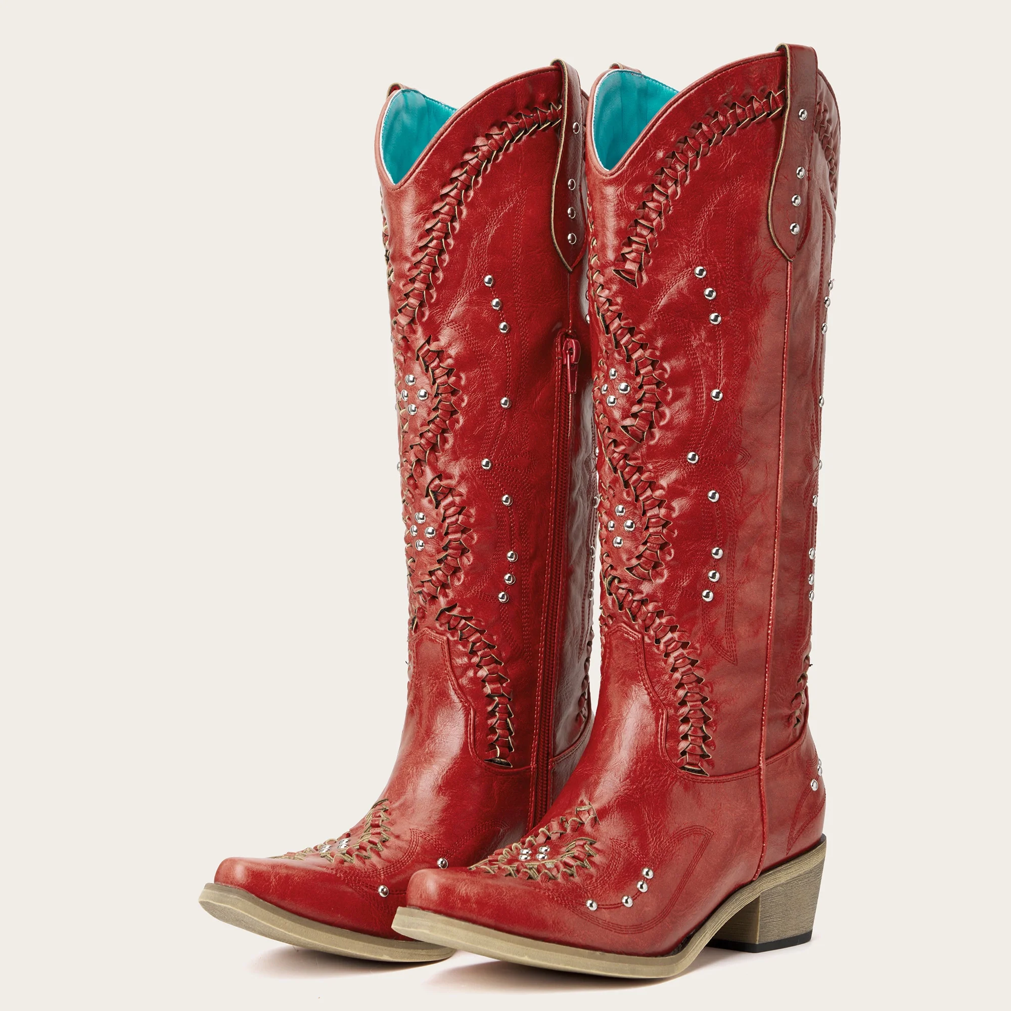 The Kitty - Red Snip Toe Rhinestone Cowgirl Boots with Cutout Woven - Image 4