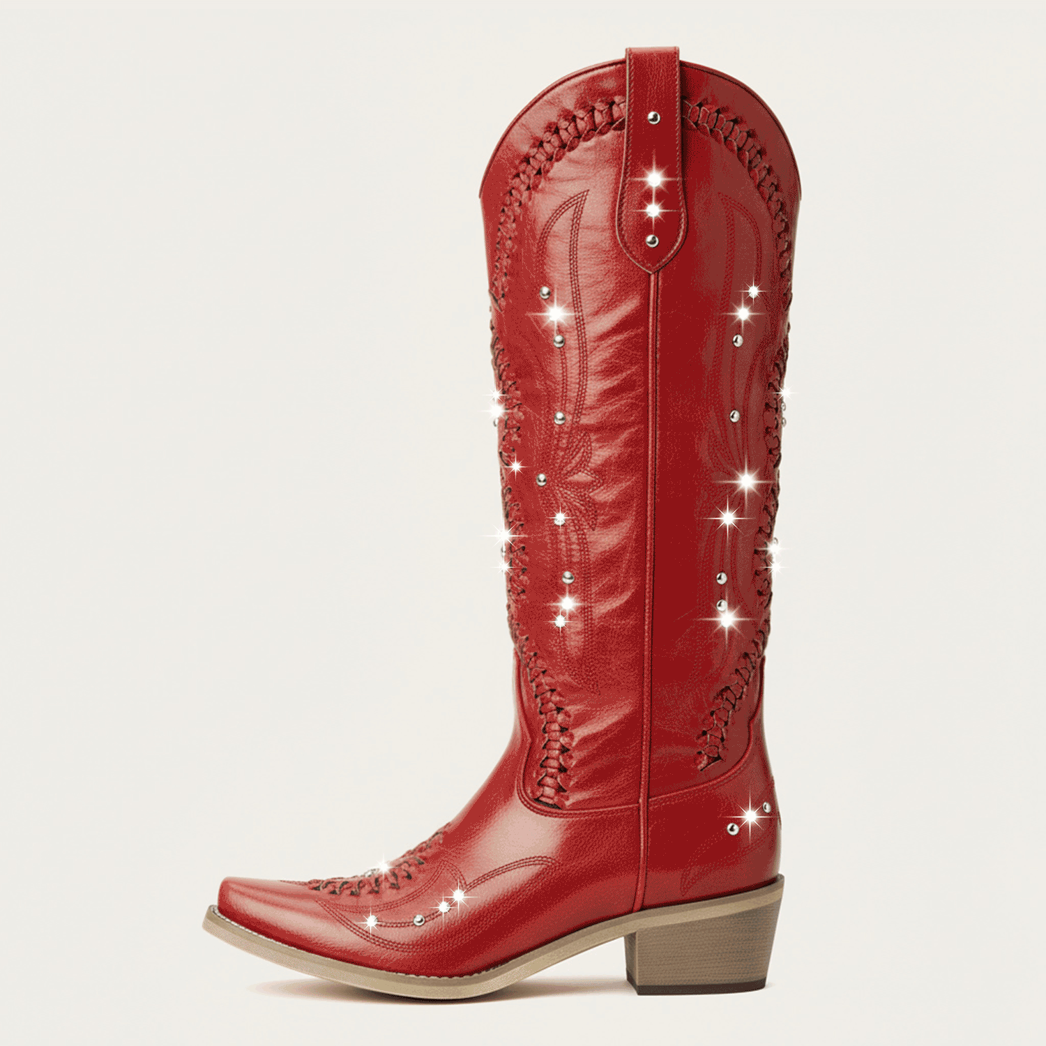 The Kitty - Red Snip Toe Rhinestone Cowgirl Boots with Cutout Woven - Image 5