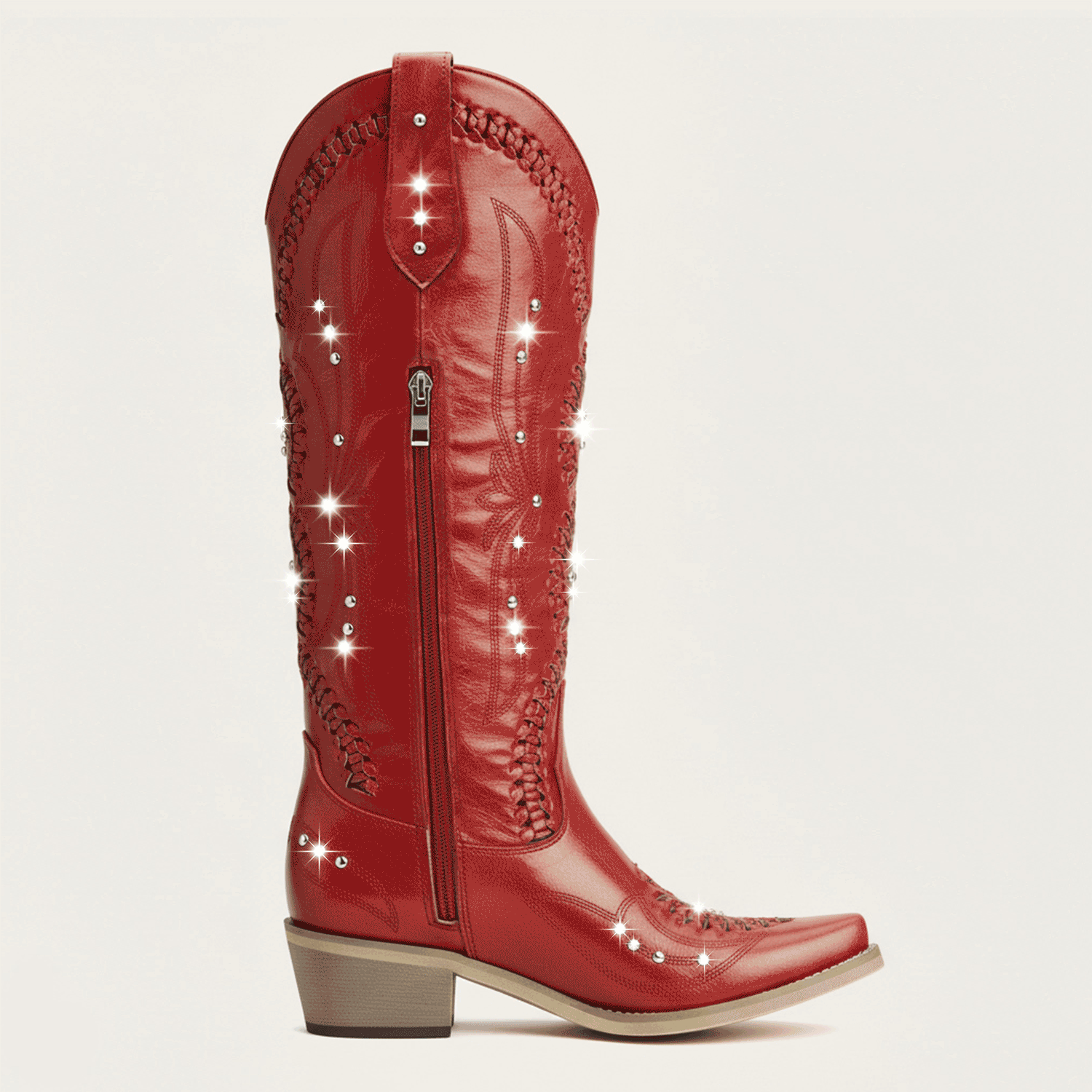 The Kitty - Red Snip Toe Rhinestone Cowgirl Boots with Cutout Woven - Image 7