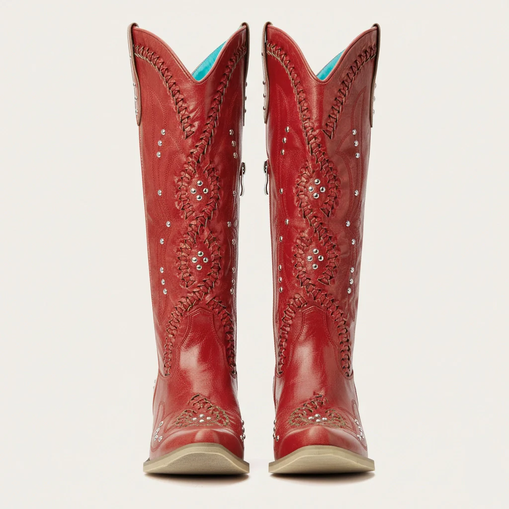 The Kitty - Red Snip Toe Rhinestone Cowgirl Boots with Cutout Woven - Image 9