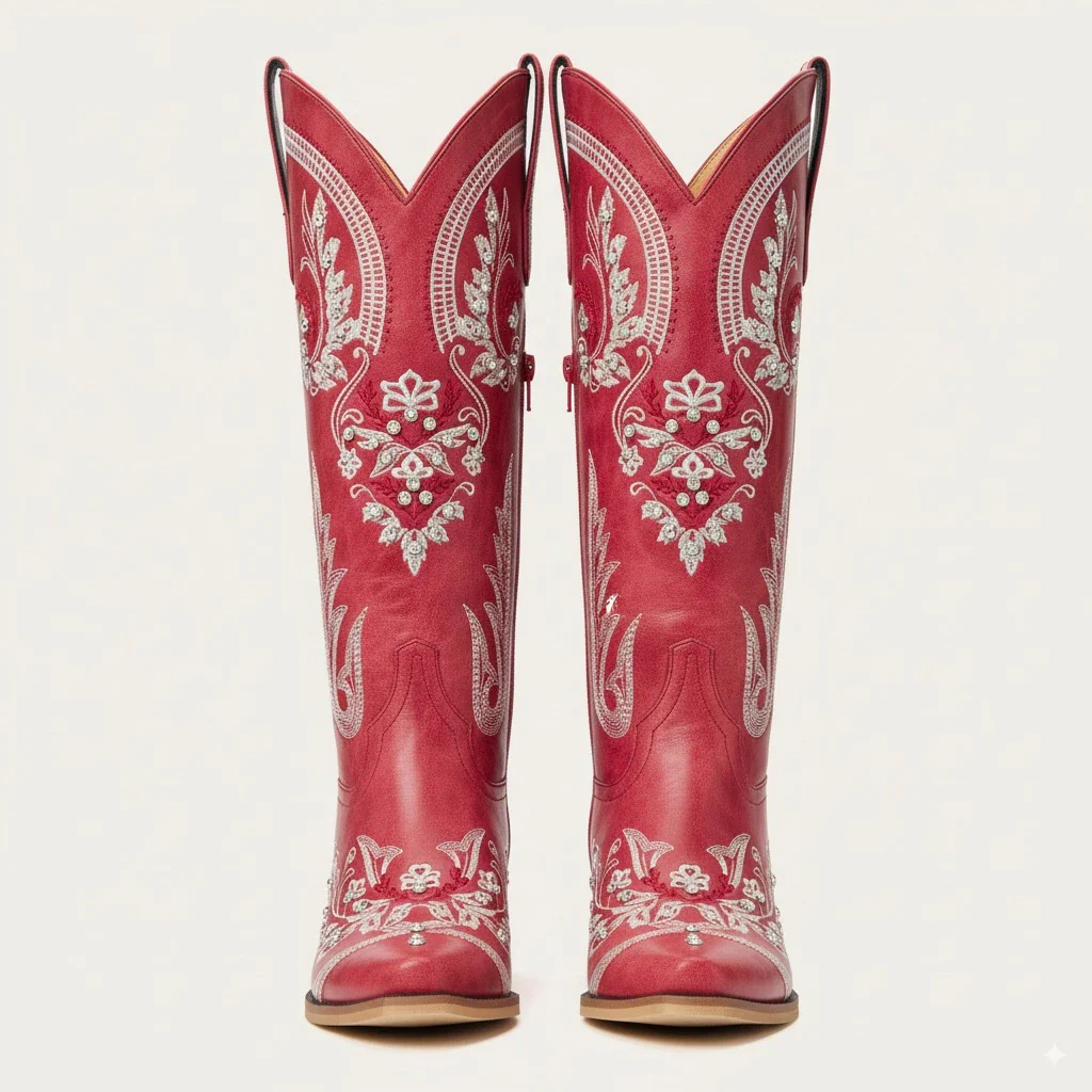 The Aurelia - Crimson Blaze Women's Cowgirl Boots with Snip Toe & Floral Embroidery - Image 9