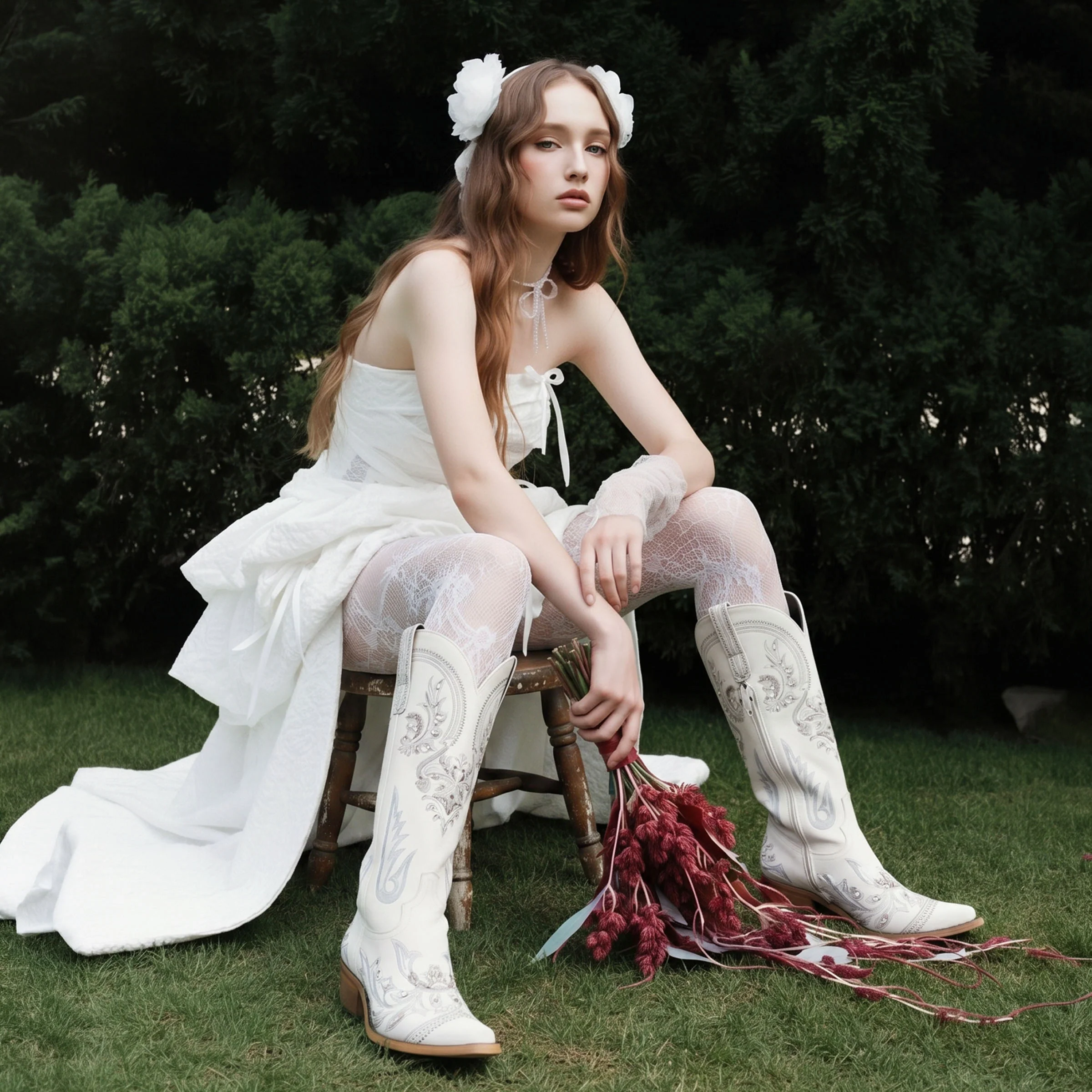 The Aurelia - Ivory Pearl Women's Cowgirl Boots with Snip Toe & Floral Embroidery - Image 3