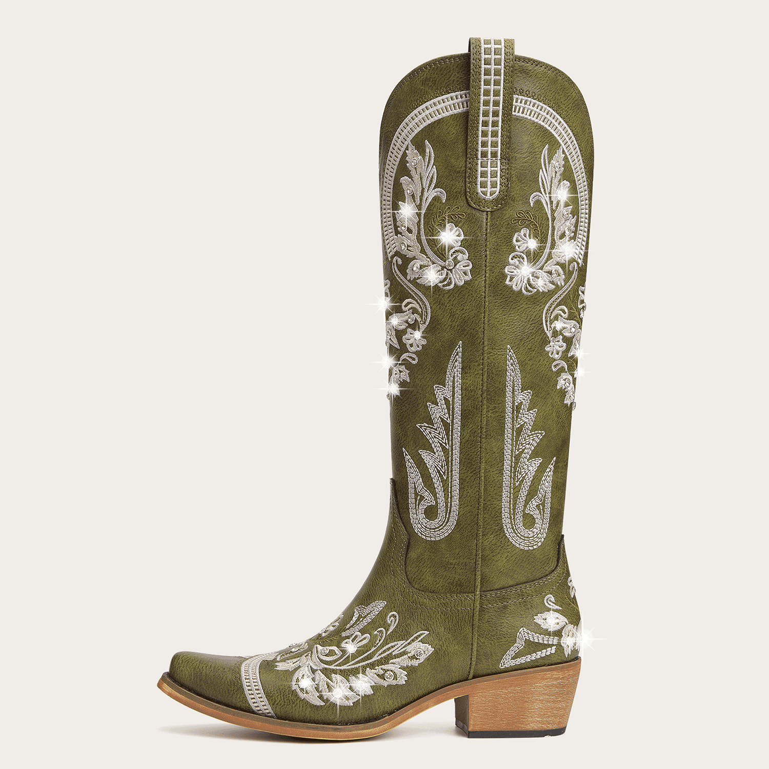 The Aurelia - Olive Green Women's Cowboy Boots with Snip Toe & Floral Embroidery - Image 3