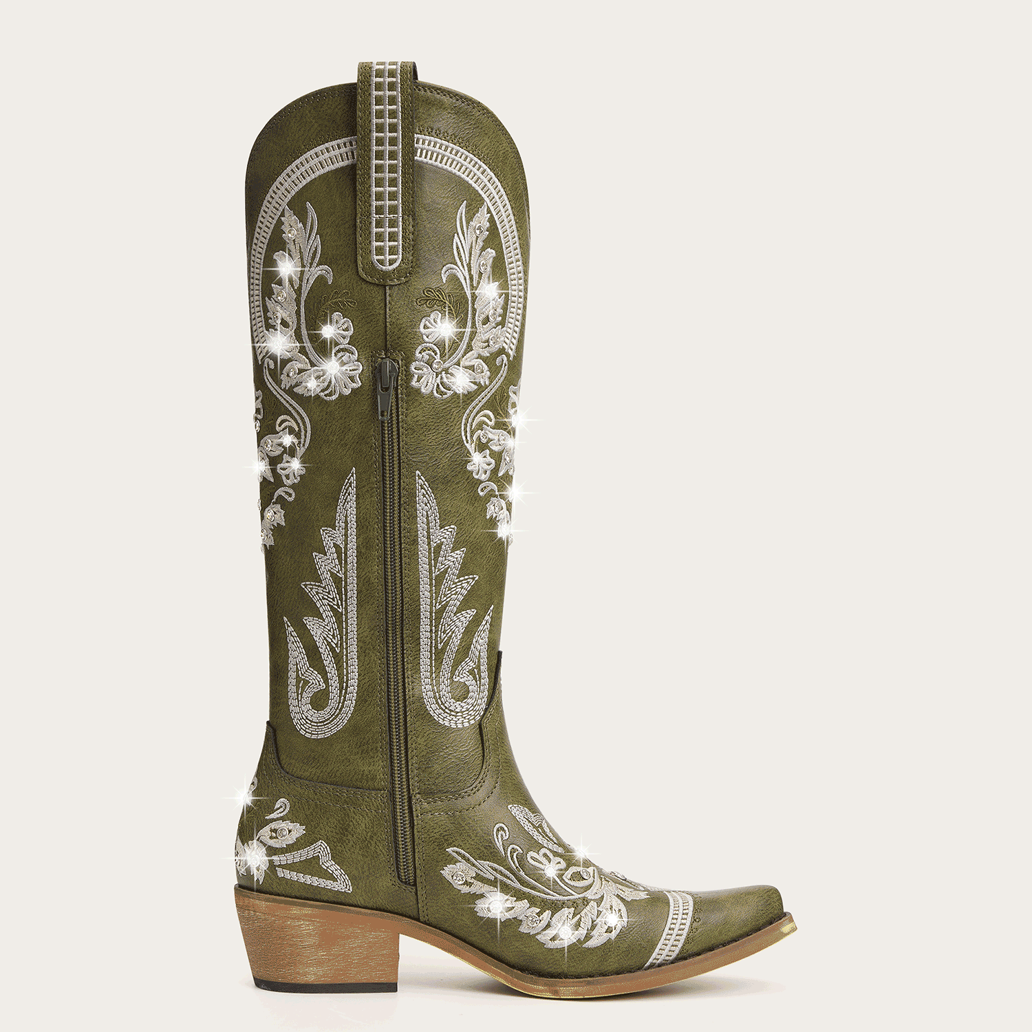 The Aurelia - Olive Green Women's Cowboy Boots with Snip Toe & Floral Embroidery - Image 5