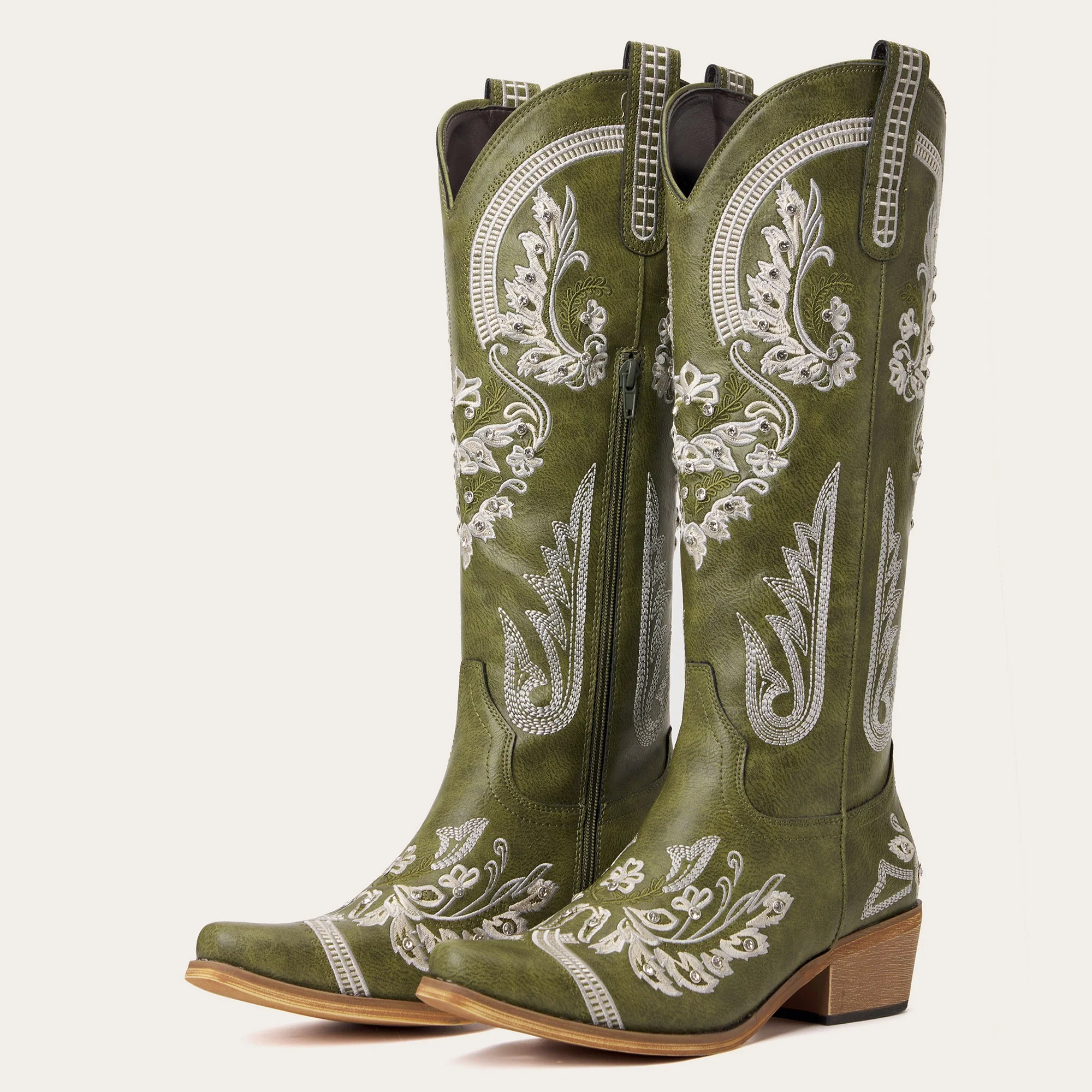 The Aurelia - Olive Green Women's Cowboy Boots with Snip Toe & Floral Embroidery - Image 7