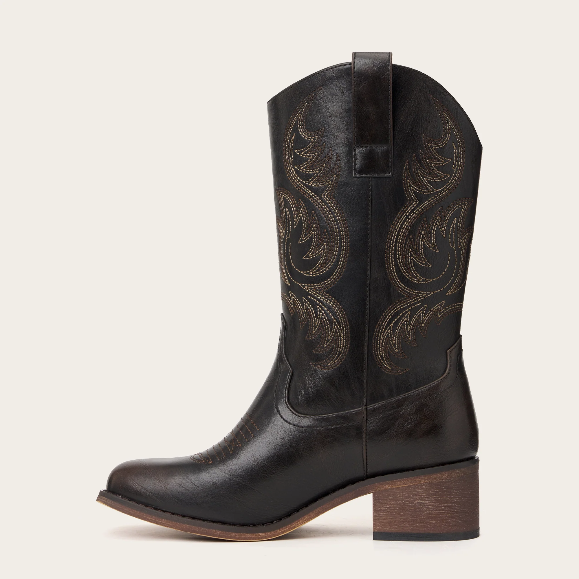 The Bronco - Black Square Toe Embroidered Mid-calf Cowgirl Boots - Image 4