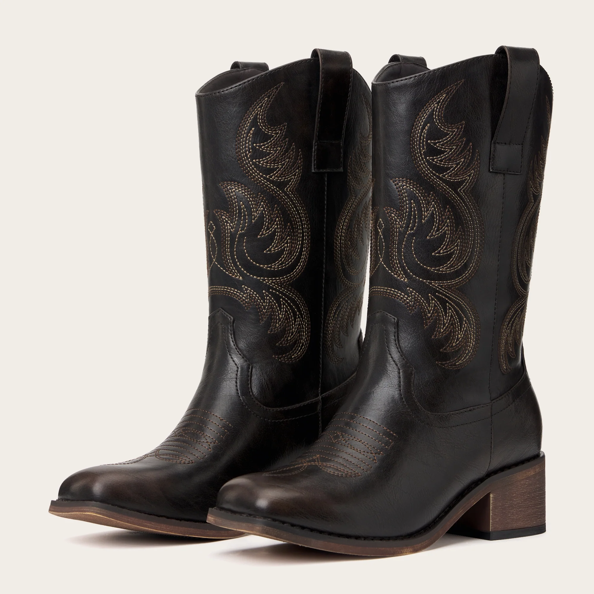 The Bronco - Black Square Toe Embroidered Mid-calf Cowgirl Boots - Image 5