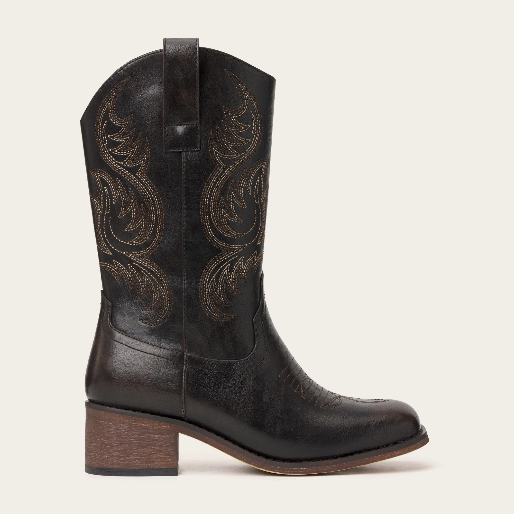 The Bronco - Black Square Toe Embroidered Mid-calf Cowgirl Boots - Image 7