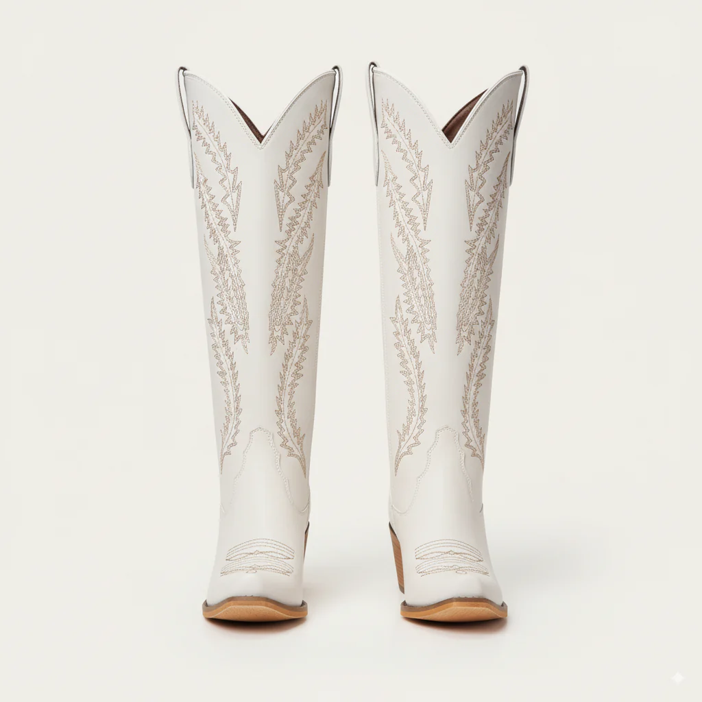 The Cattle - Ivory Tall Wide Calf Western Boots with Tonal Embroidery - Image 5