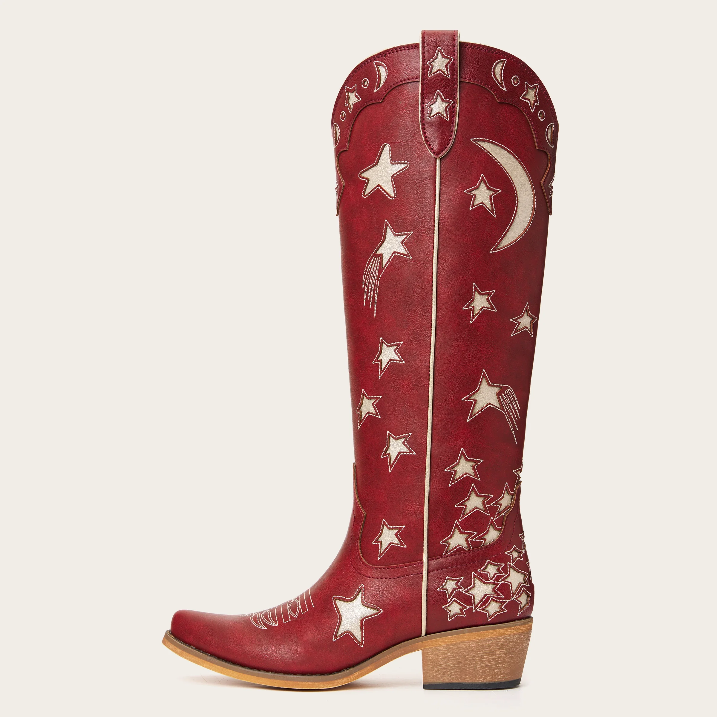 The Celestial - Fire Red Snip Toe Starry with Moon Cutout Tall Cowgirl Boots - Image 4