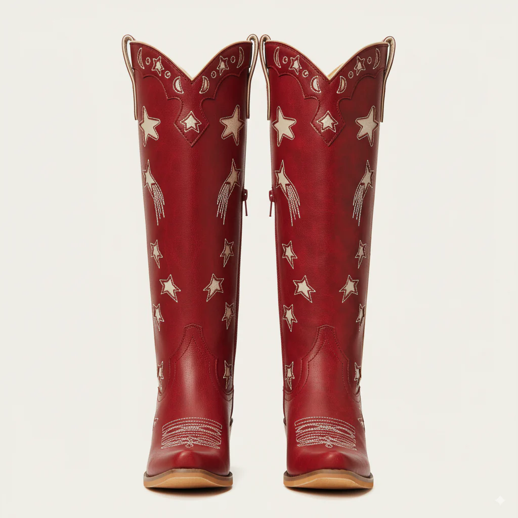The Celestial - Fire Red Snip Toe Starry with Moon Cutout Tall Cowgirl Boots - Image 5