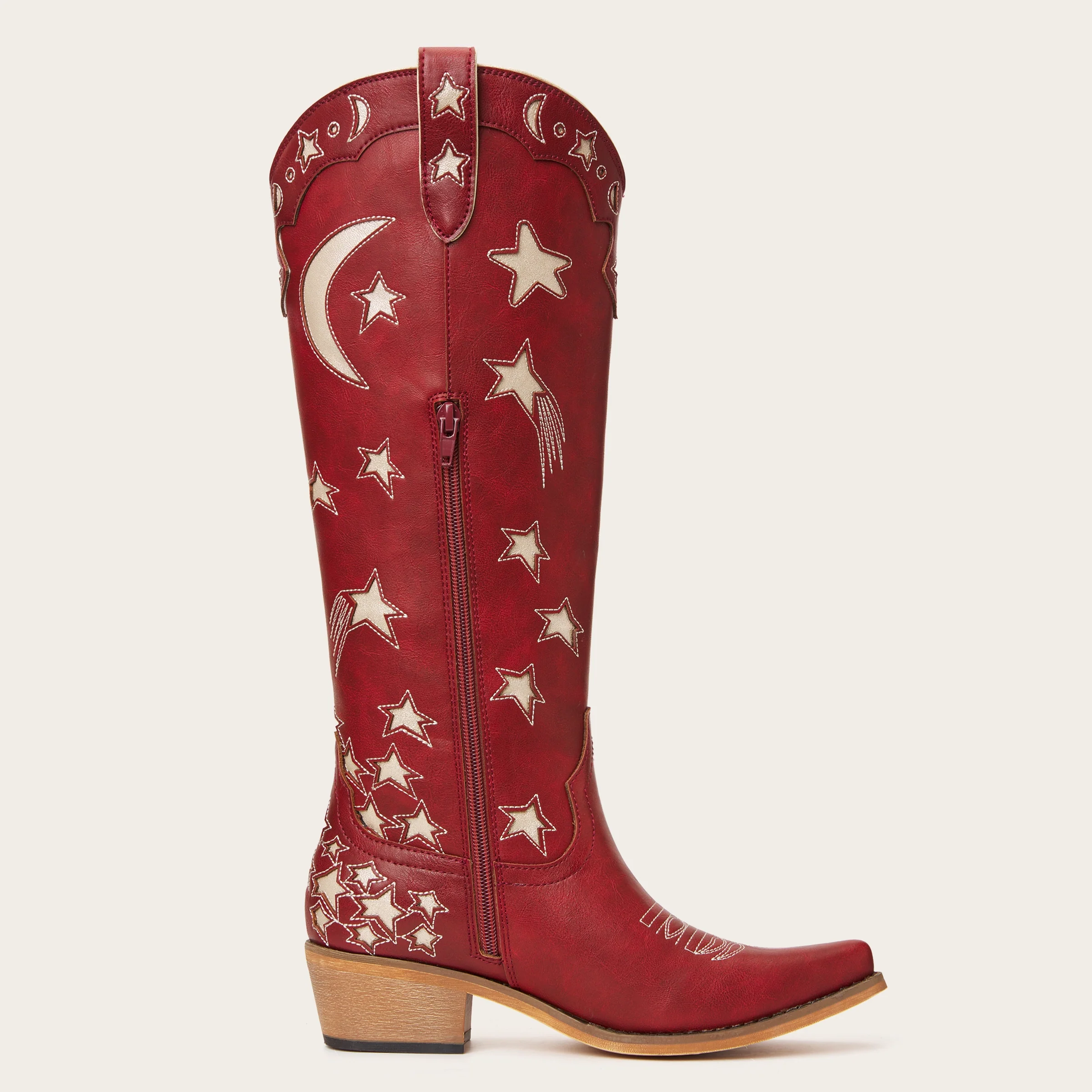 The Celestial - Fire Red Snip Toe Starry with Moon Cutout Tall Cowgirl Boots - Image 7