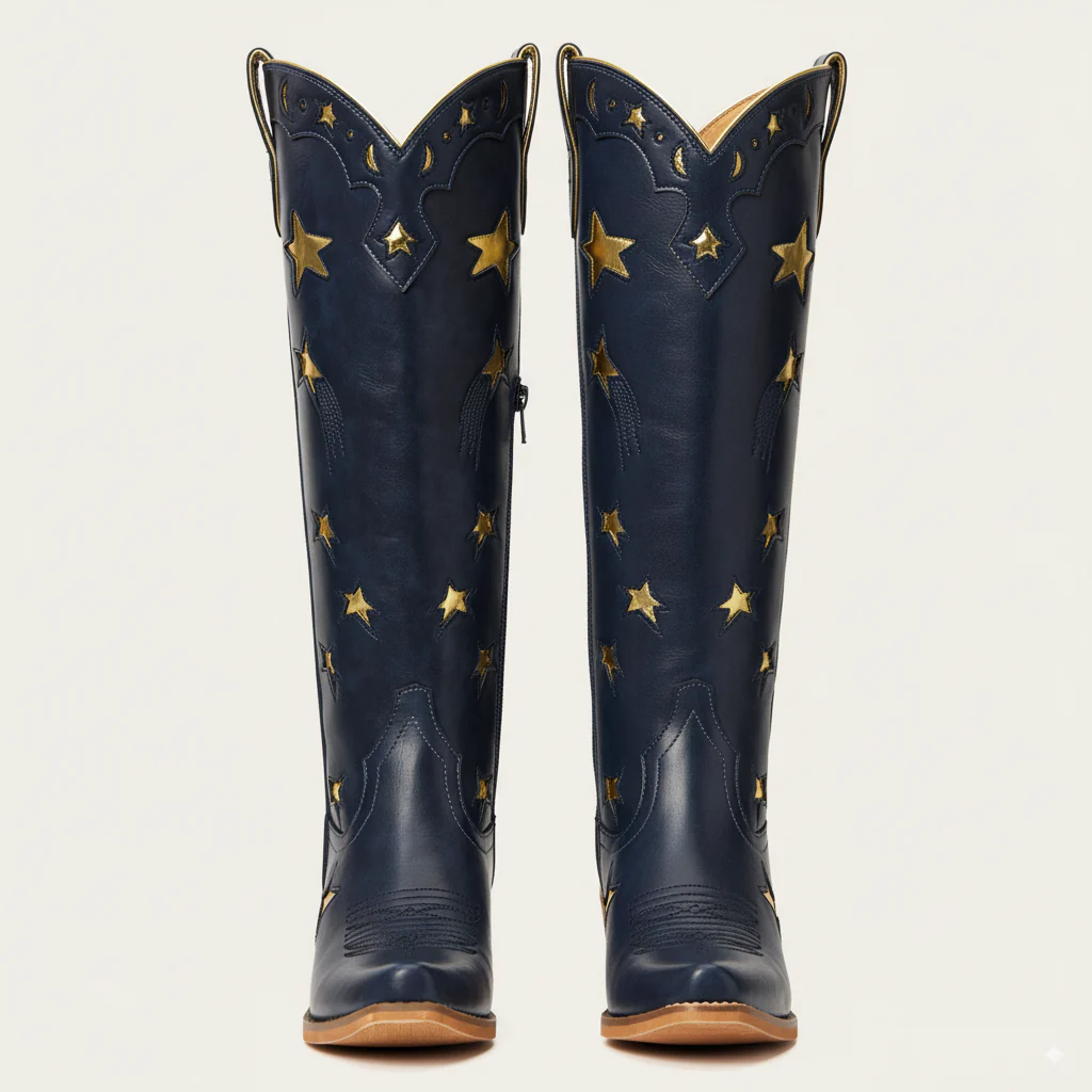 The Celestial - Midnight Blue Snip Toe Starry with Moon Cutout Tall Cowgirl Boots - Image 5