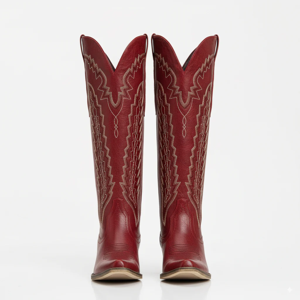 The Crimson Fire - Red Wide Calf Over the Knee Cowgirl Boots with Fire Embroidery - Image 5