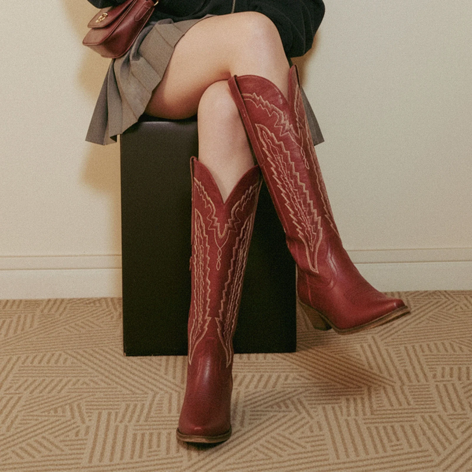 The Crimson Fire - Red Wide Calf Over the Knee Cowgirl Boots with Fire Embroidery - Image 6
