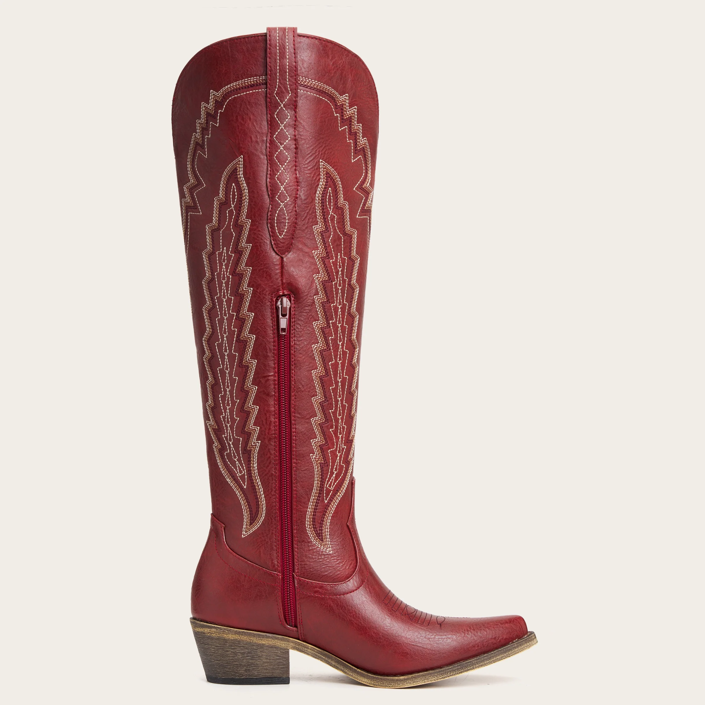 The Crimson Fire - Red Wide Calf Over the Knee Cowgirl Boots with Fire Embroidery - Image 8