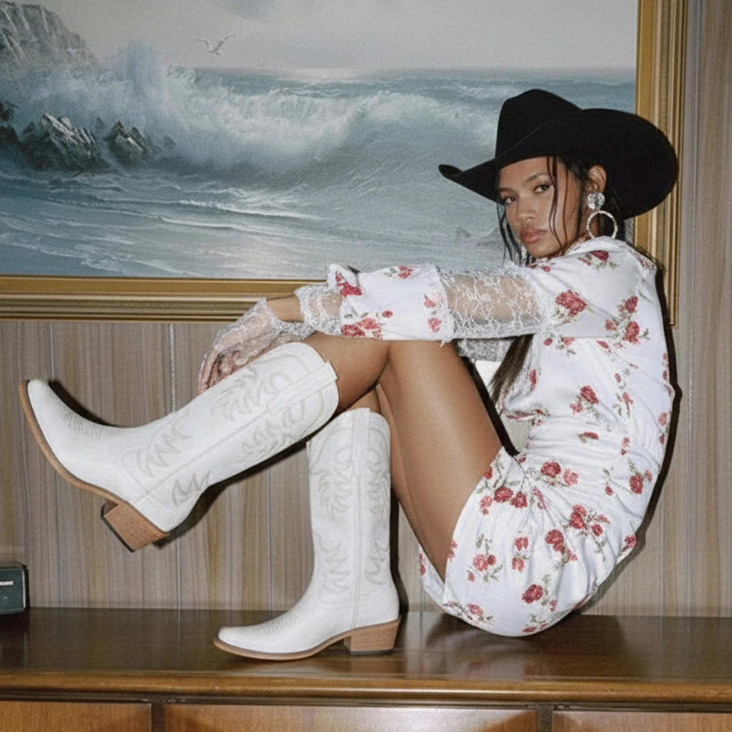 The Elizabeth - Ivory Cowgirl Boots Snip Toe with Embroidered Detail - Image 6