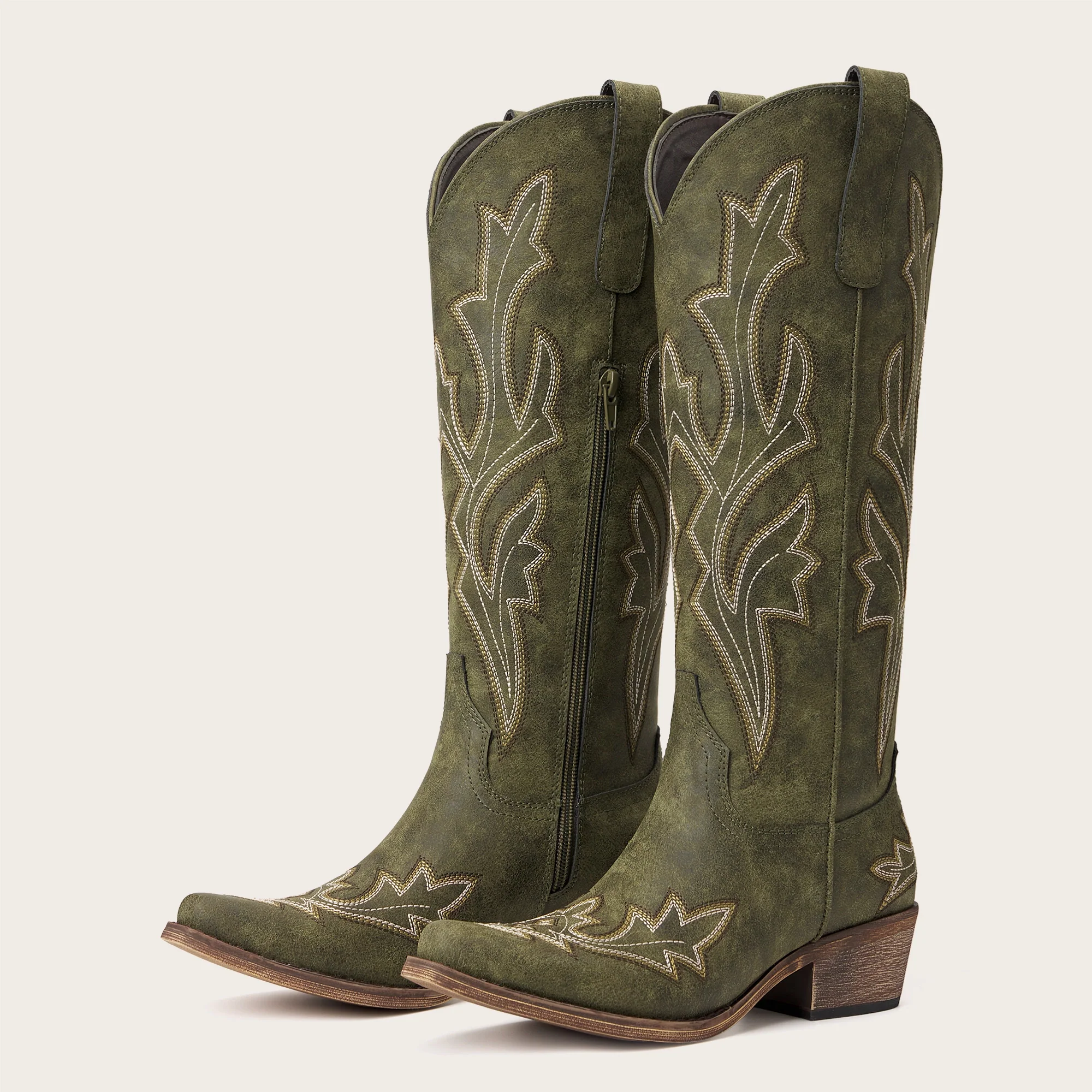 The Etta - Olive Short Tall Cowgirl Boots with Delicate Embroidery - Image 4