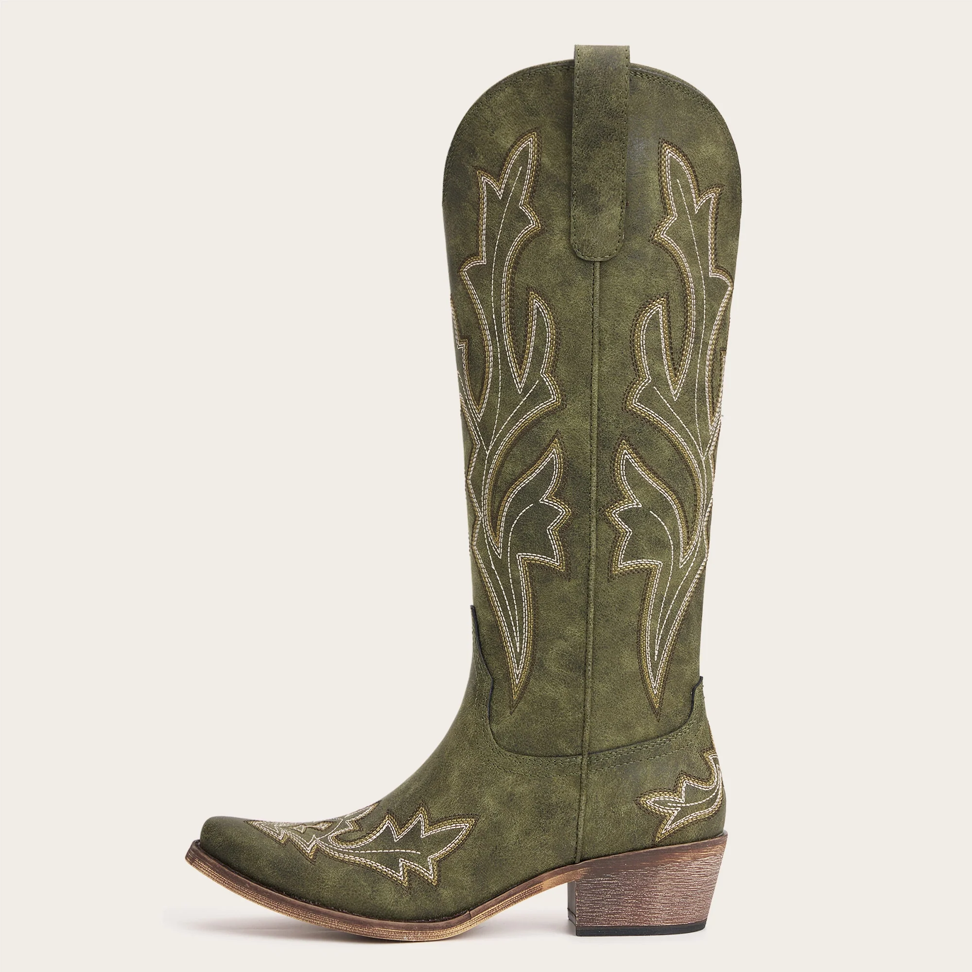 The Etta - Olive Short Tall Cowgirl Boots with Delicate Embroidery - Image 5