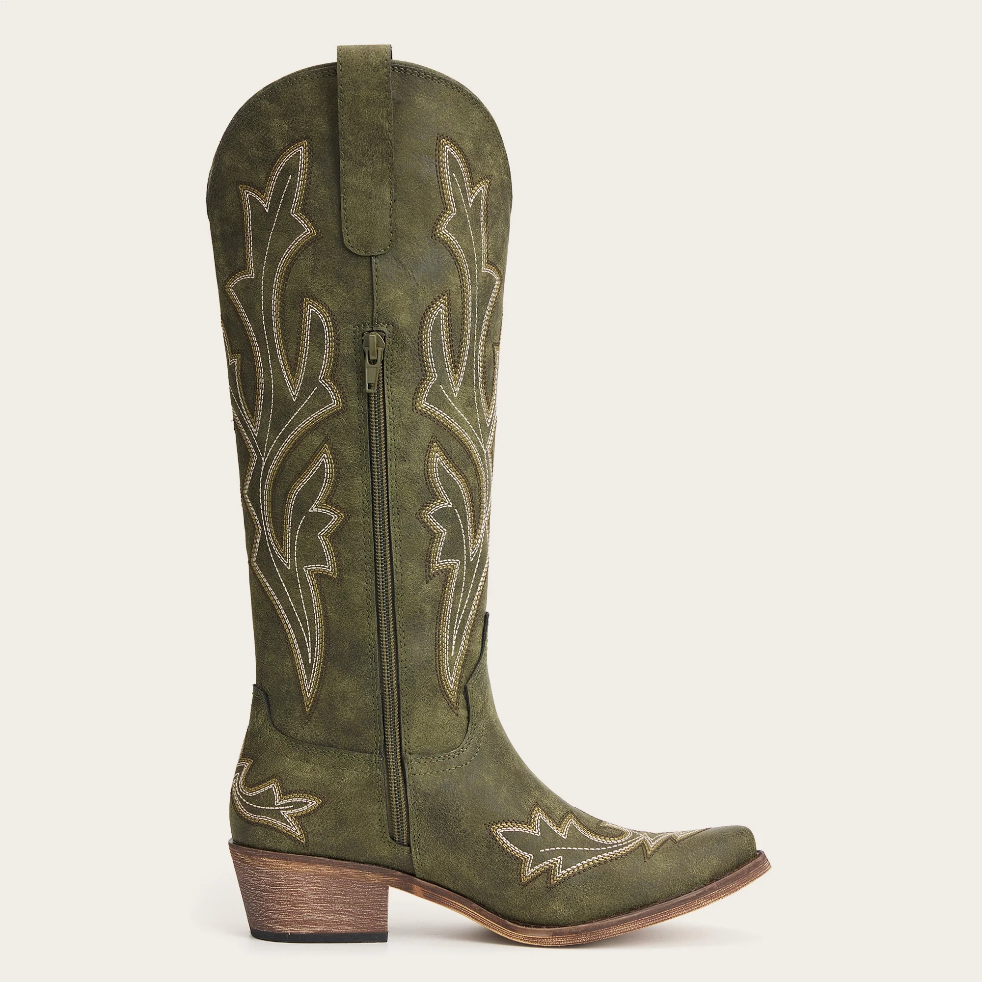 The Etta - Olive Short Tall Cowgirl Boots with Delicate Embroidery - Image 8
