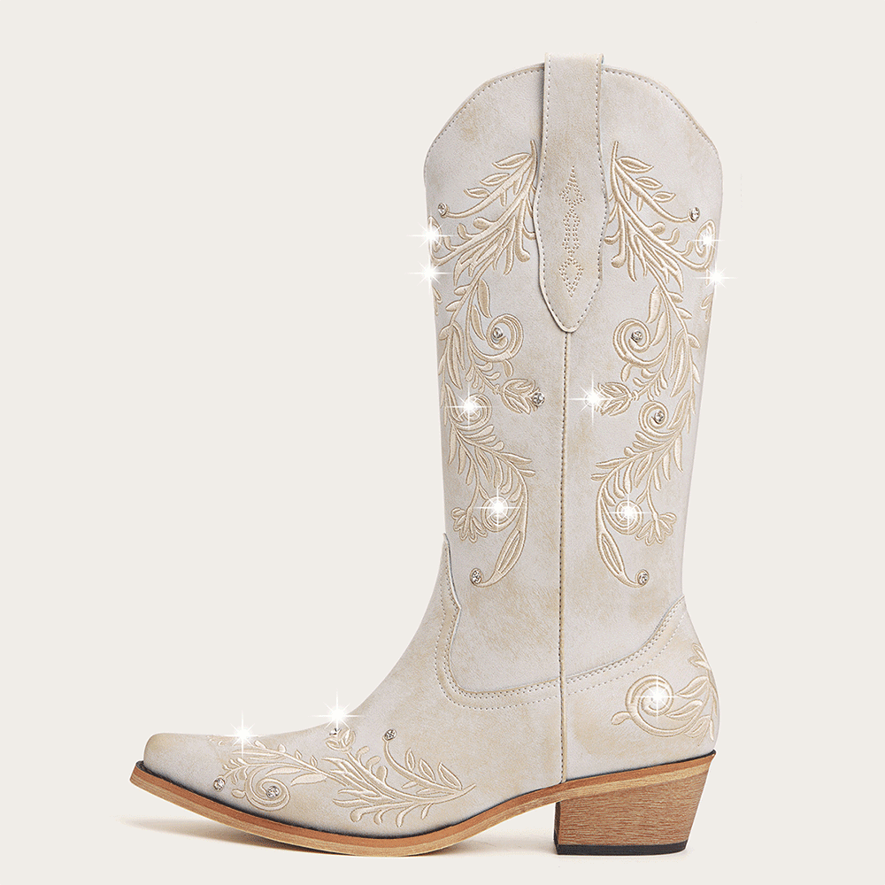 The Everly - Ivory Cowgirl Boots with Vine Embroidery and Crystal Accents - Image 4