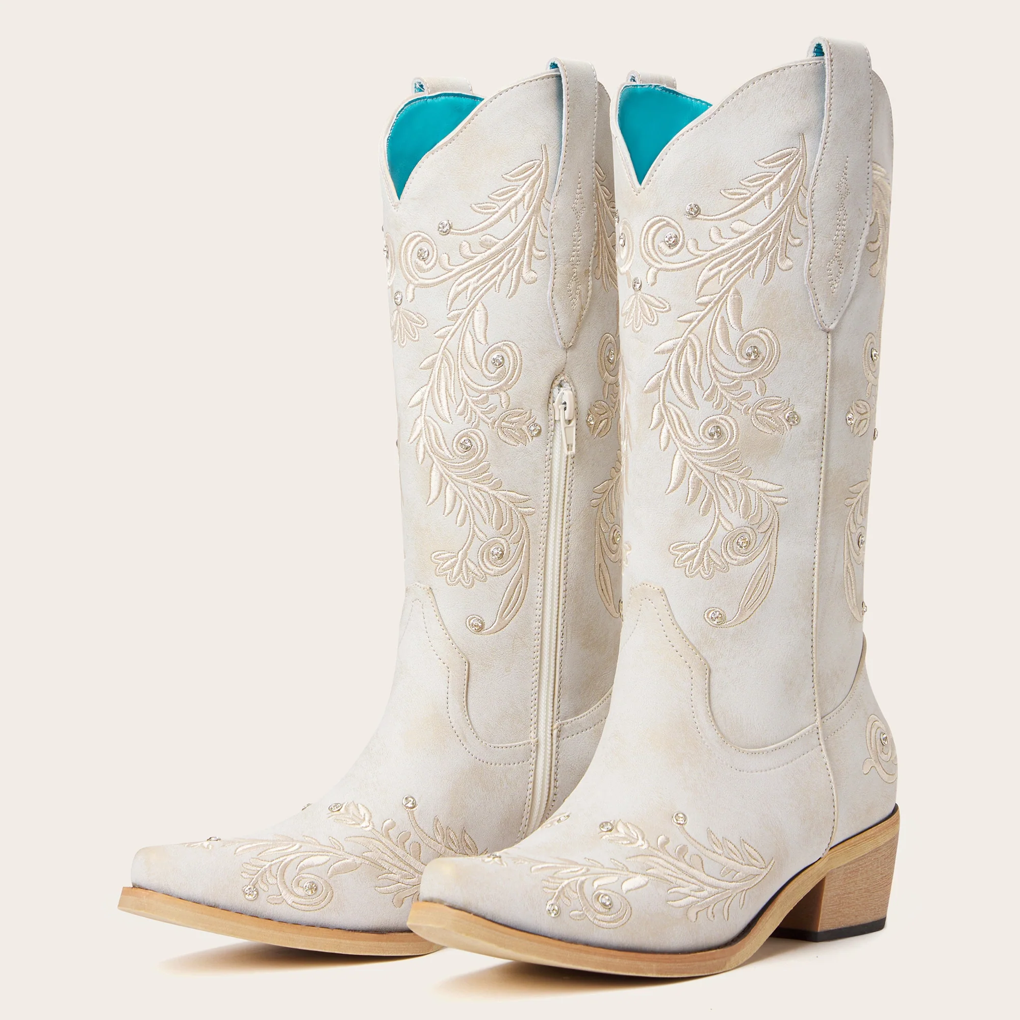 The Everly - Ivory Cowgirl Boots with Vine Embroidery and Crystal Accents - Image 5