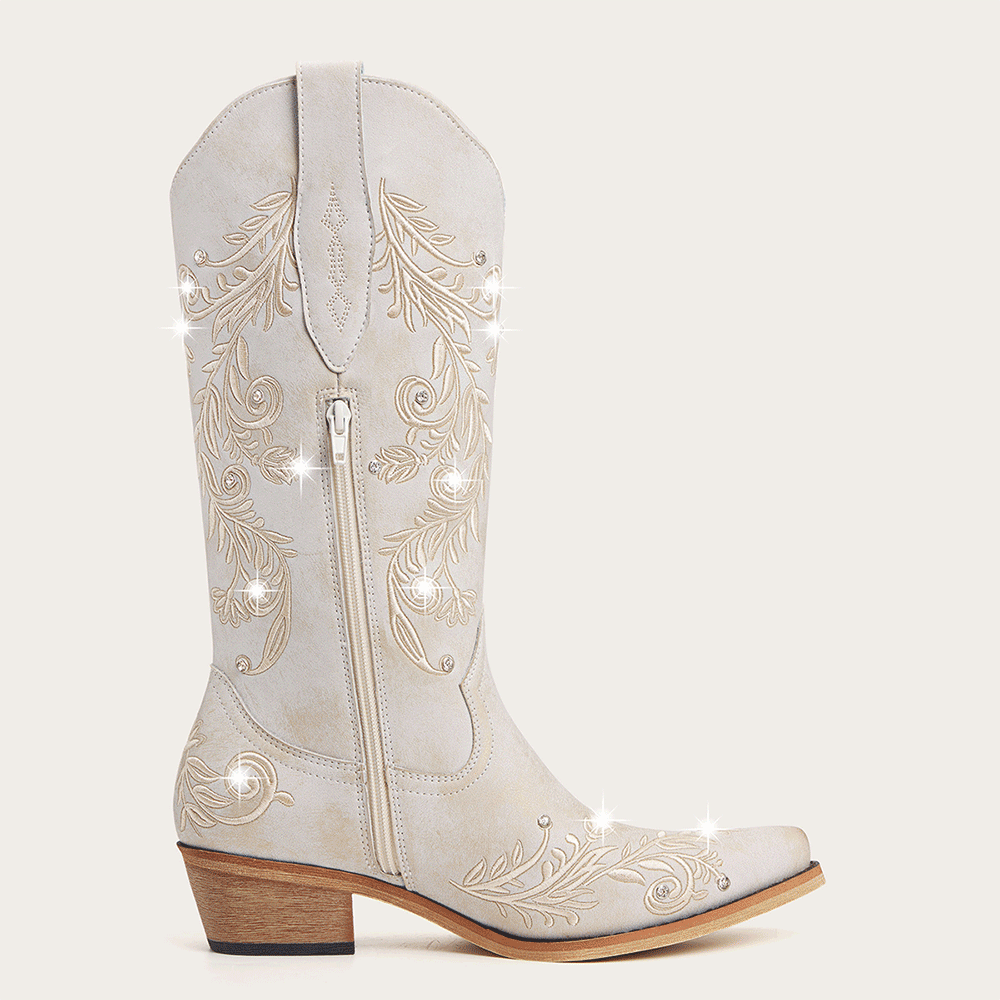 The Everly - Ivory Cowgirl Boots with Vine Embroidery and Crystal Accents - Image 8