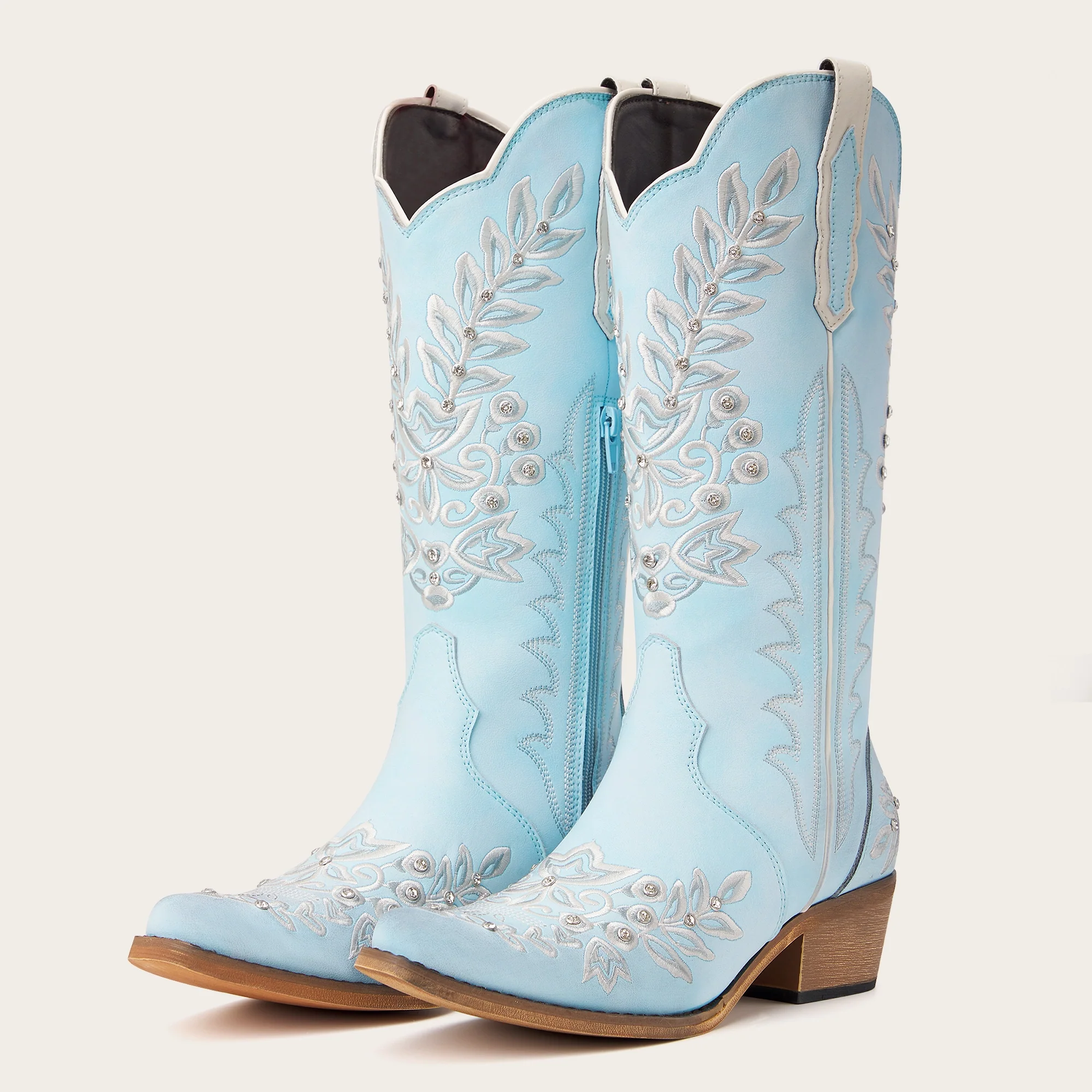 The Grace - Blue Western Boots with Embroidered Floral and Rhinestone Accents - Image 4