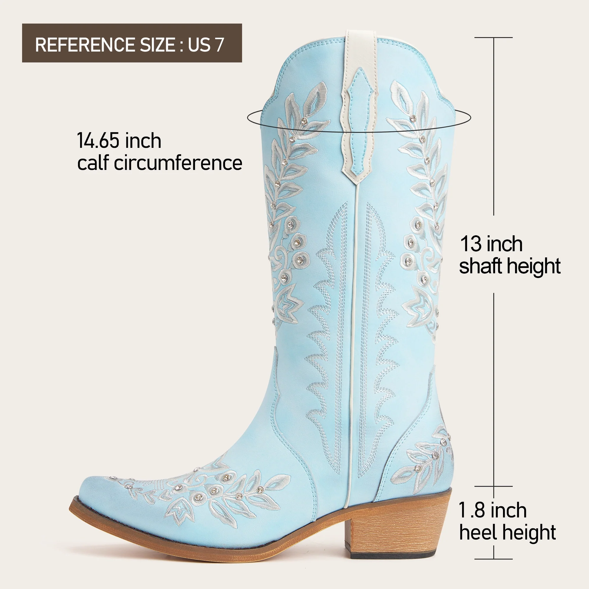 The Grace - Blue Western Boots with Embroidered Floral and Rhinestone Accents - Image 5