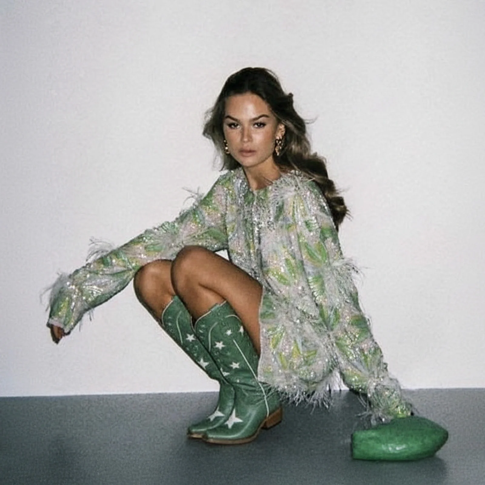 The Hensley - Celestial Green Starry Tall Cowgirl Boots with White Cutout - Image 2