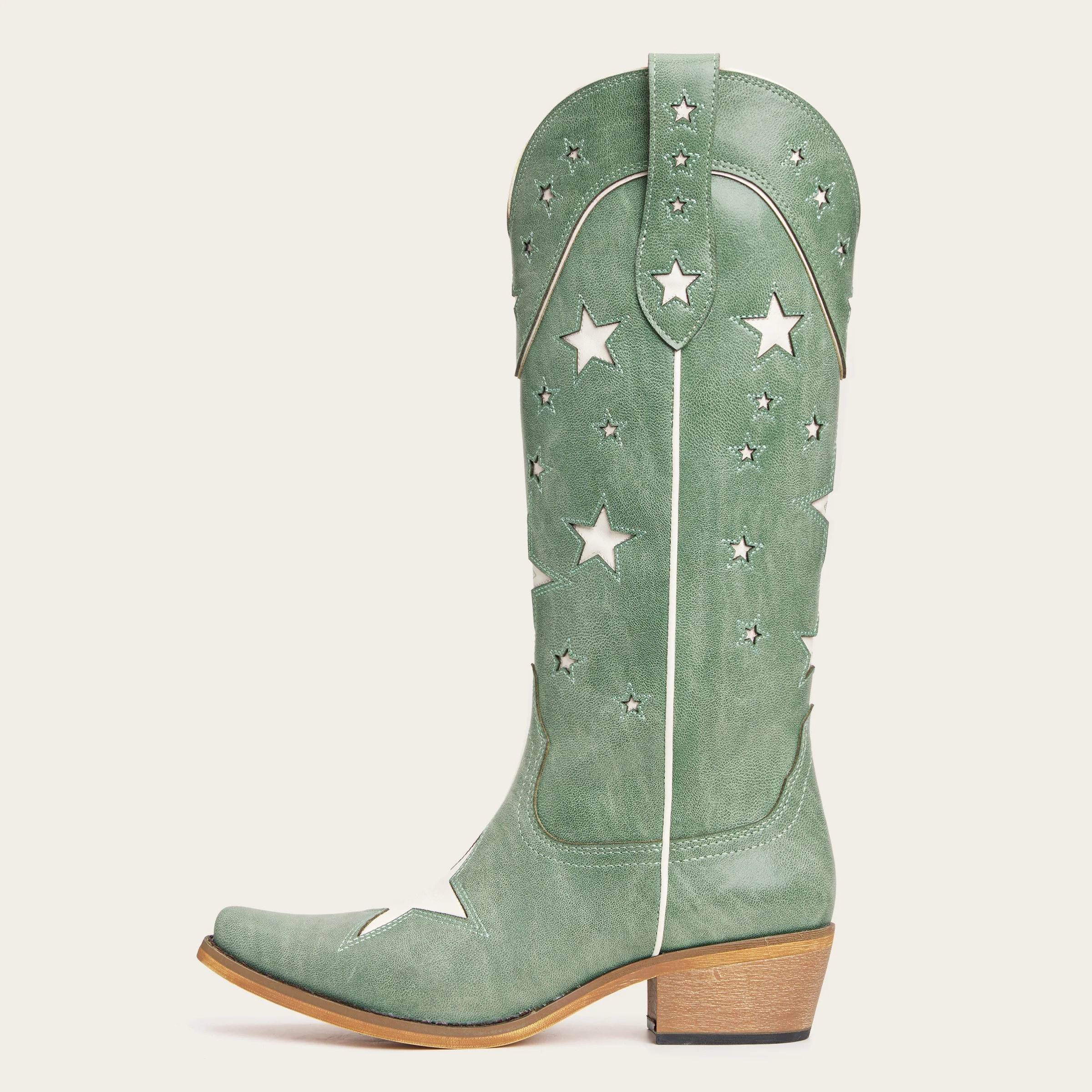 The Hensley - Celestial Green Starry Tall Cowgirl Boots with White Cutout - Image 4