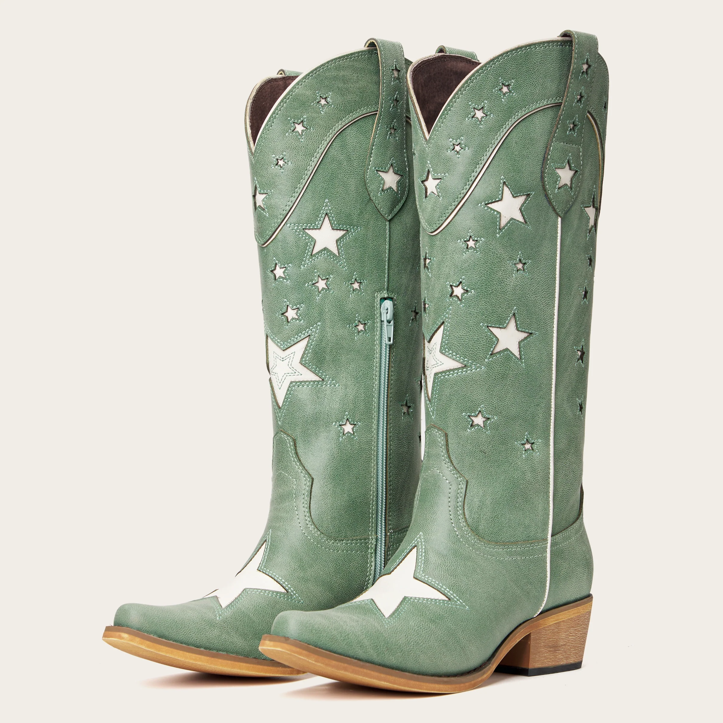 The Hensley - Celestial Green Starry Tall Cowgirl Boots with White Cutout - Image 5