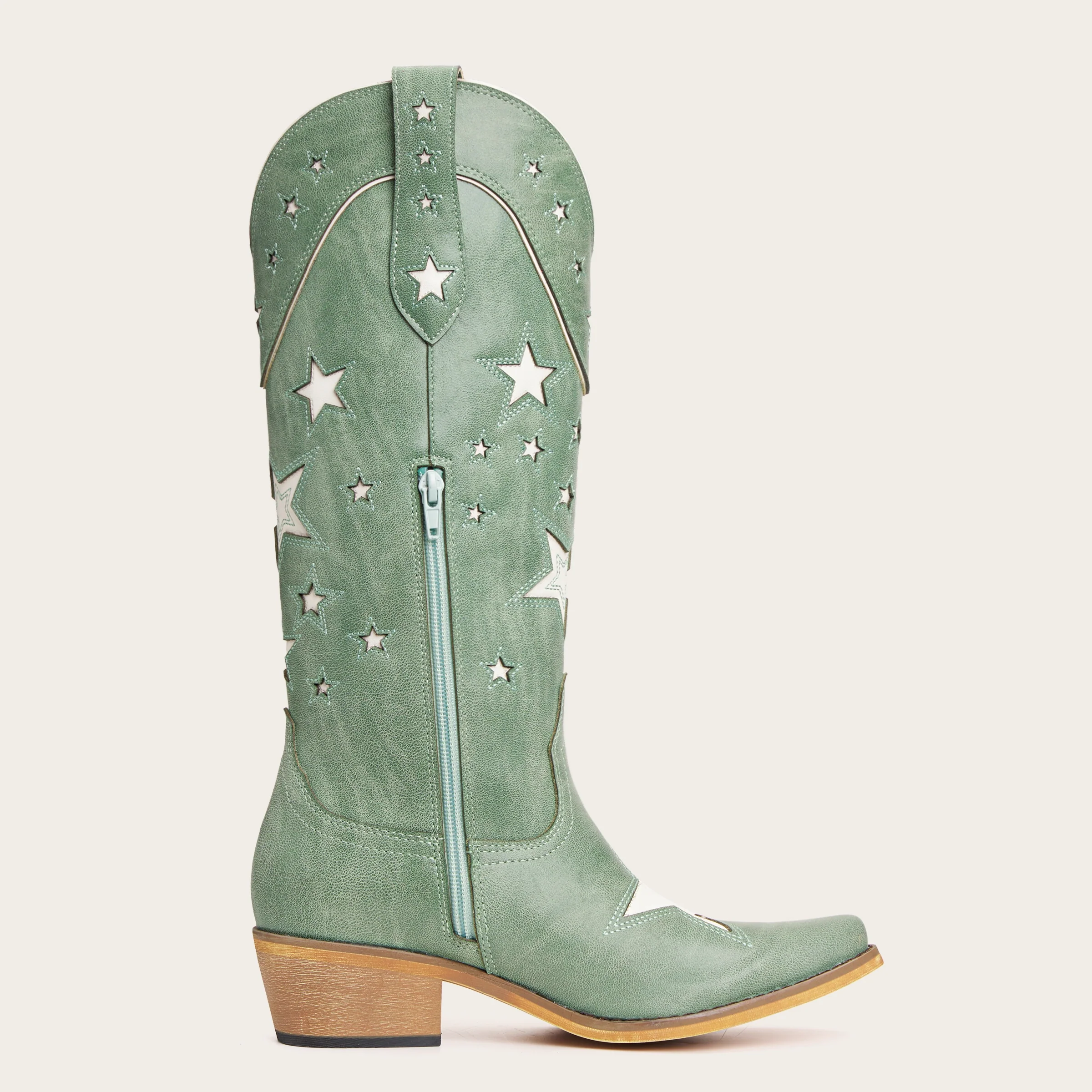 The Hensley - Celestial Green Starry Tall Cowgirl Boots with White Cutout - Image 7